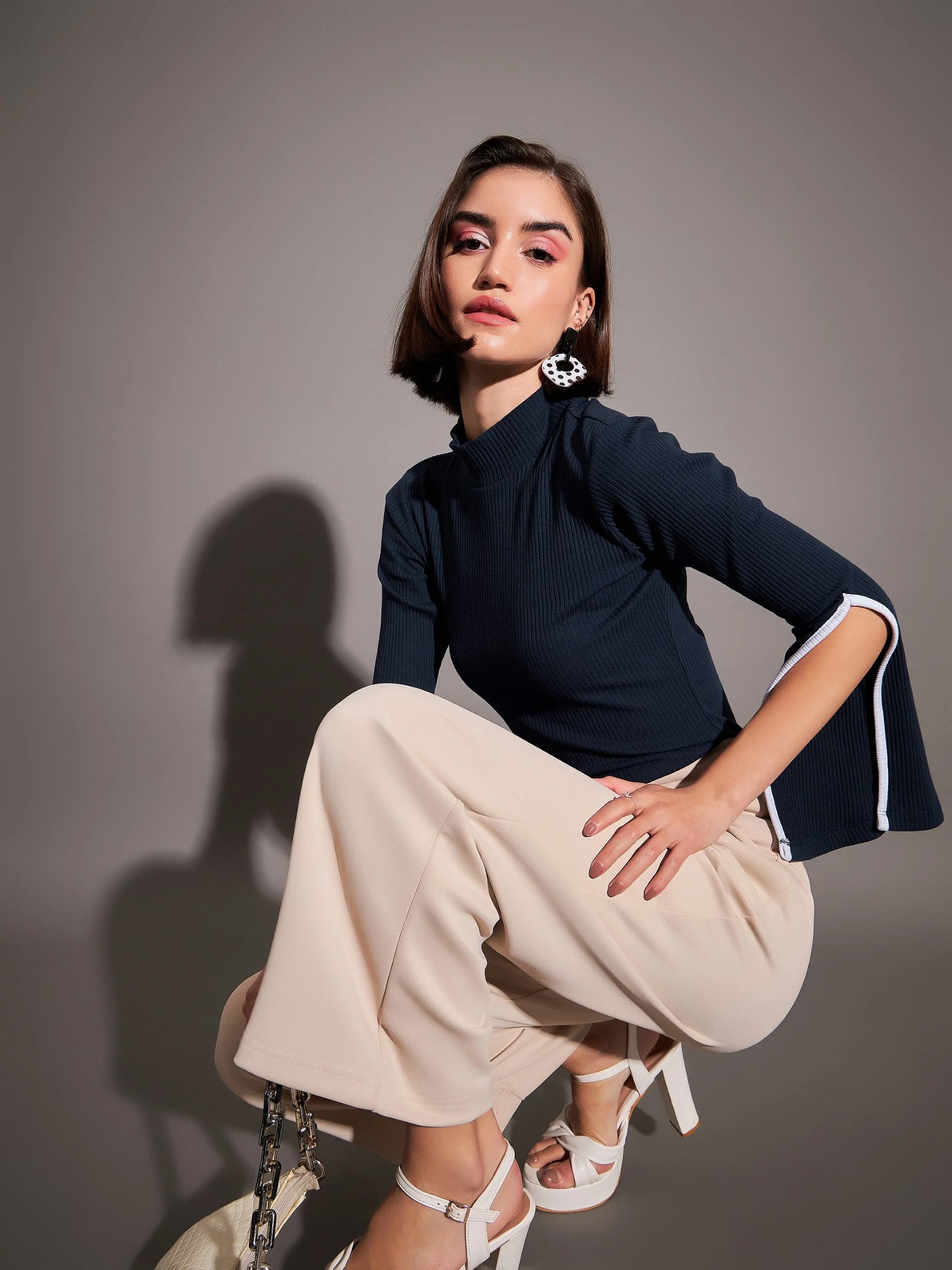 Women Navy Rib High Neck Bell Sleeves Top - Image 6