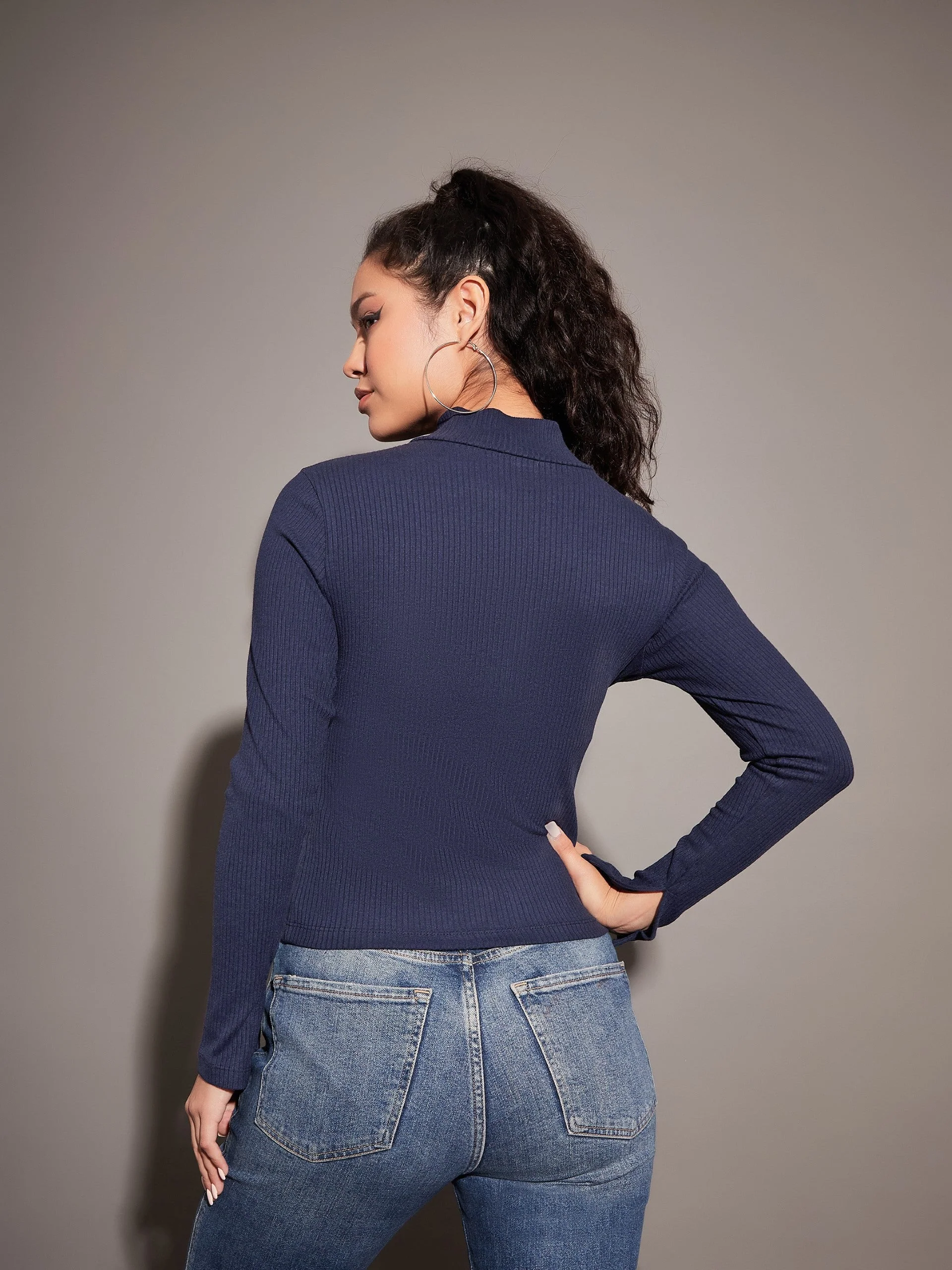 Women Navy Rib High Neck Front Zipper Top - Image 2
