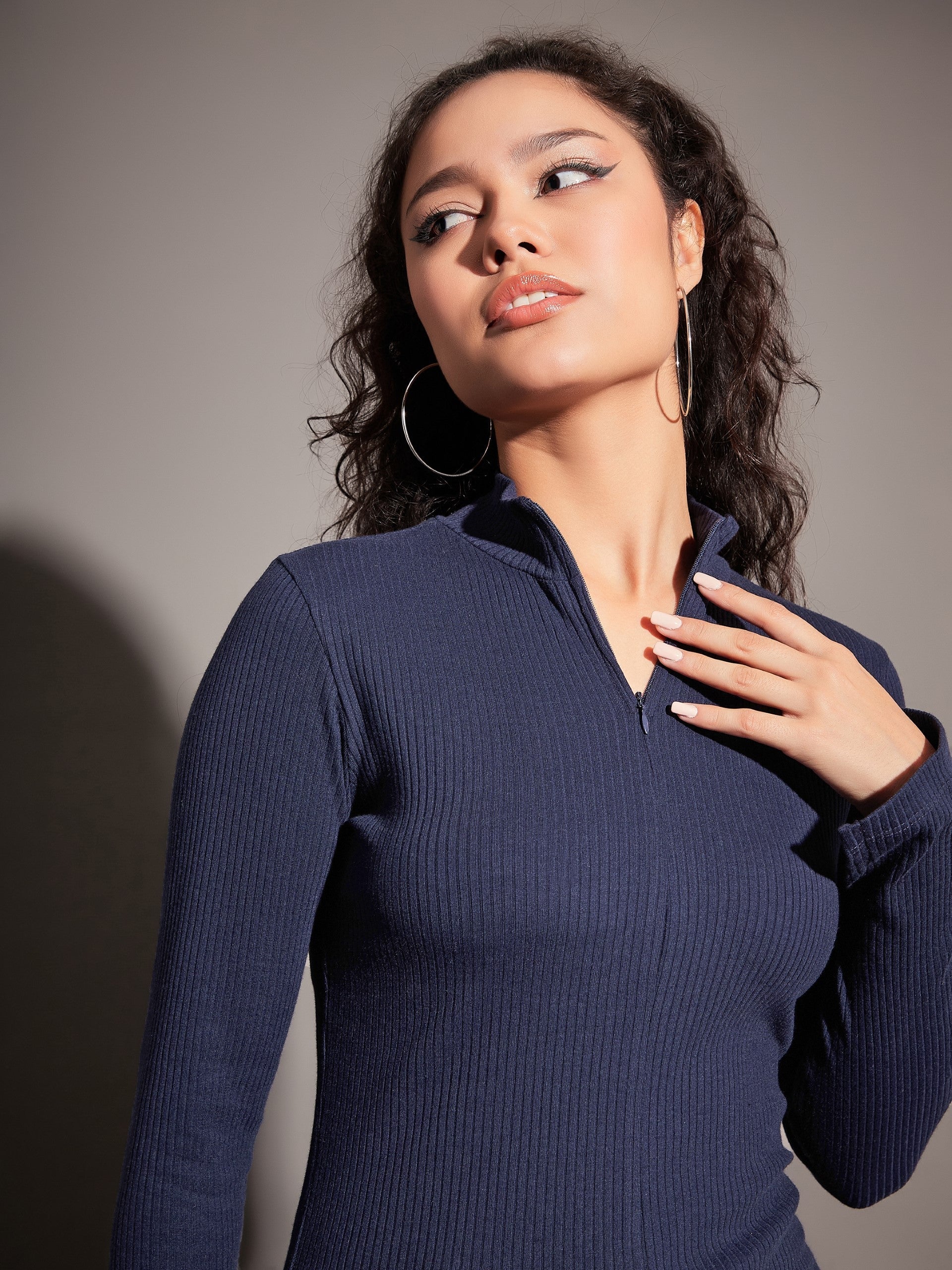 Women Navy Rib High Neck Front Zipper Top - Image 3