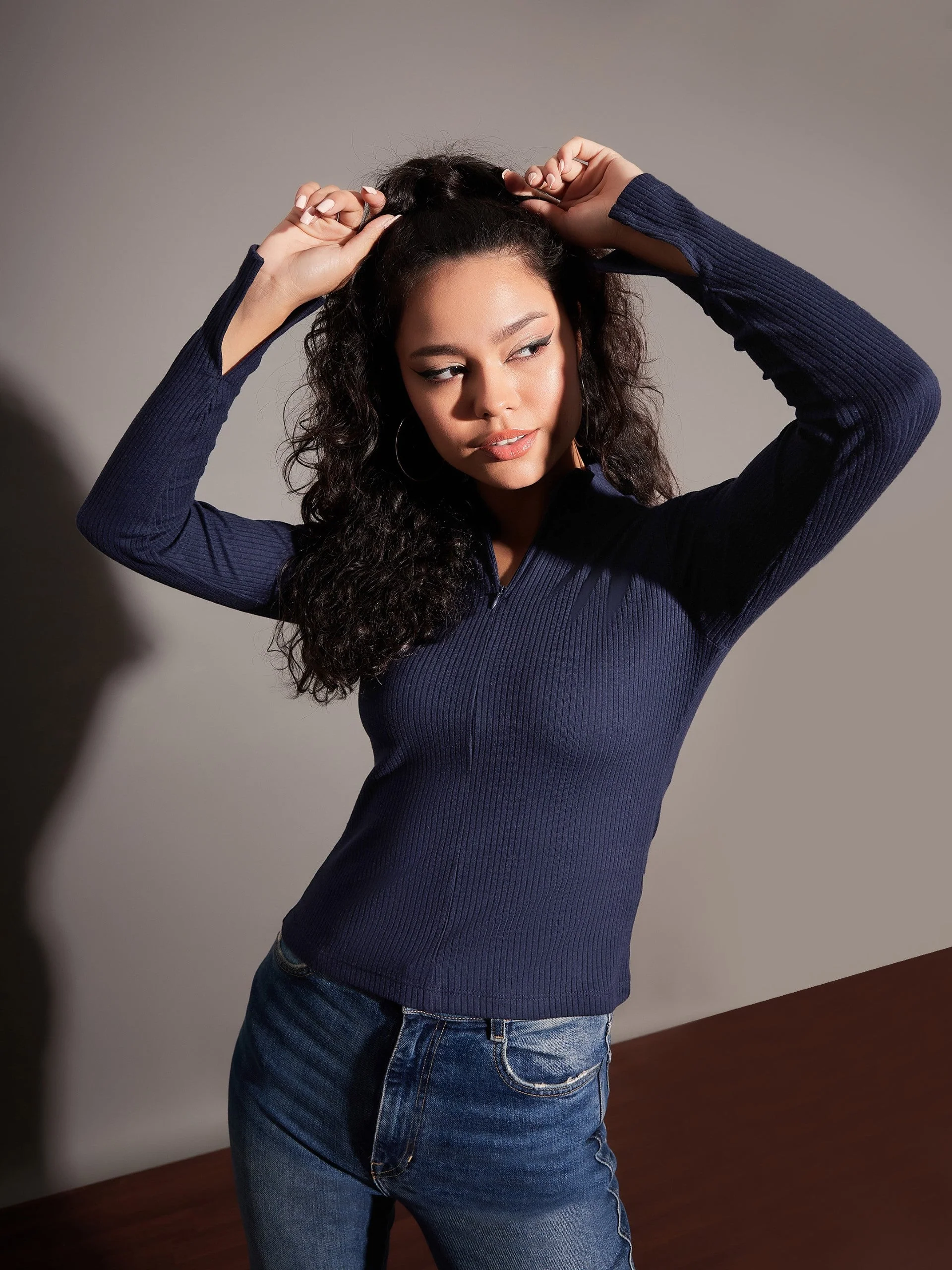 Women Navy Rib High Neck Front Zipper Top - Image 4
