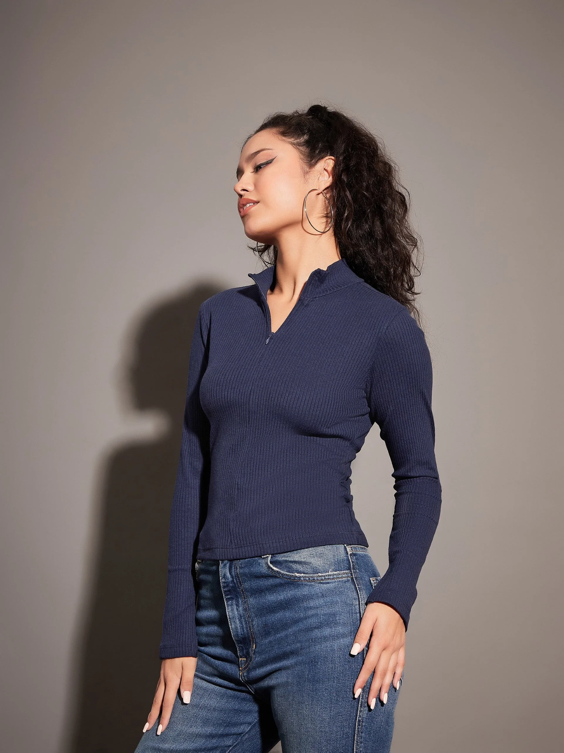 Women Navy Rib High Neck Front Zipper Top - Image 5