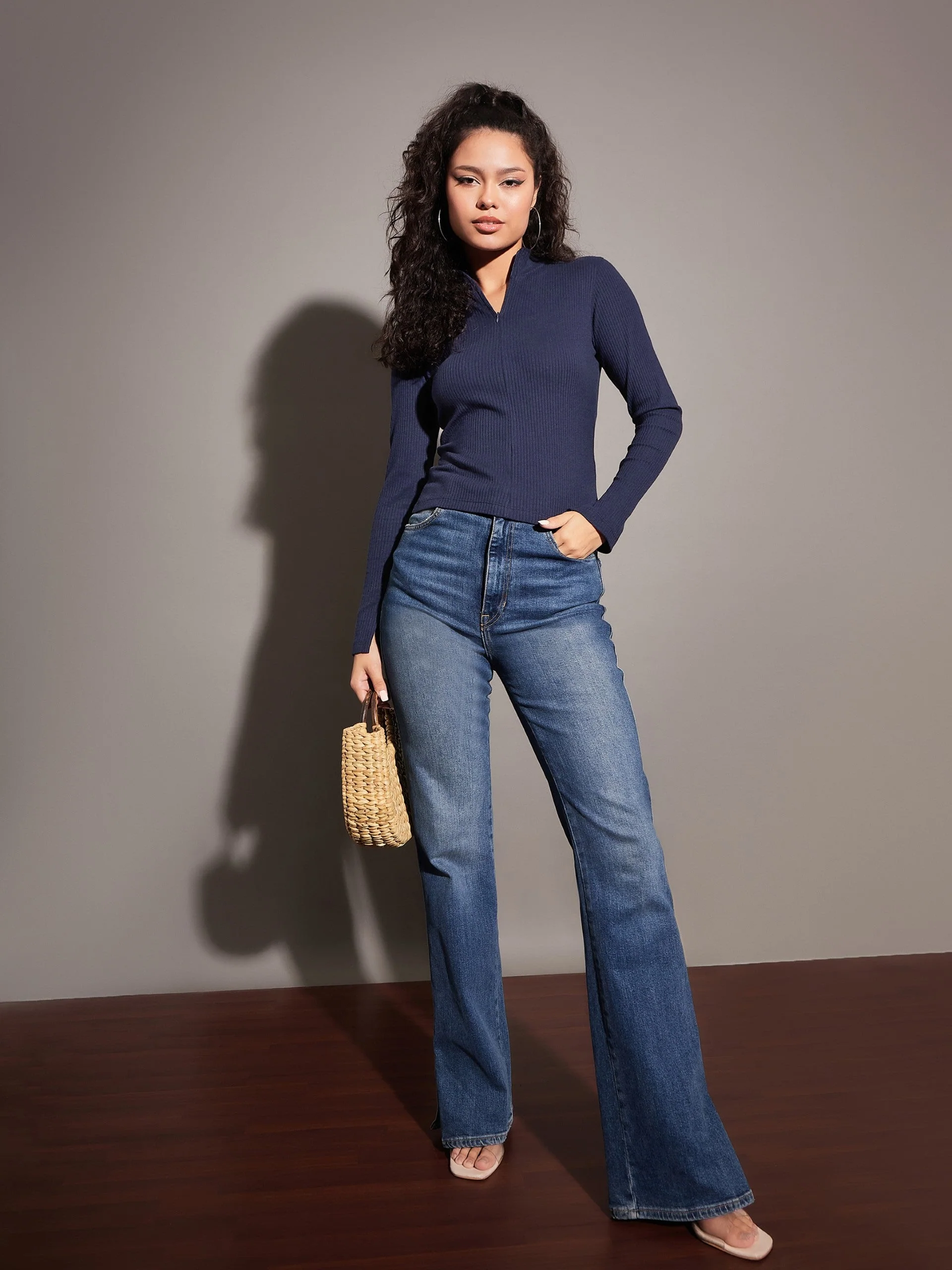 Women Navy Rib High Neck Front Zipper Top - Image 6