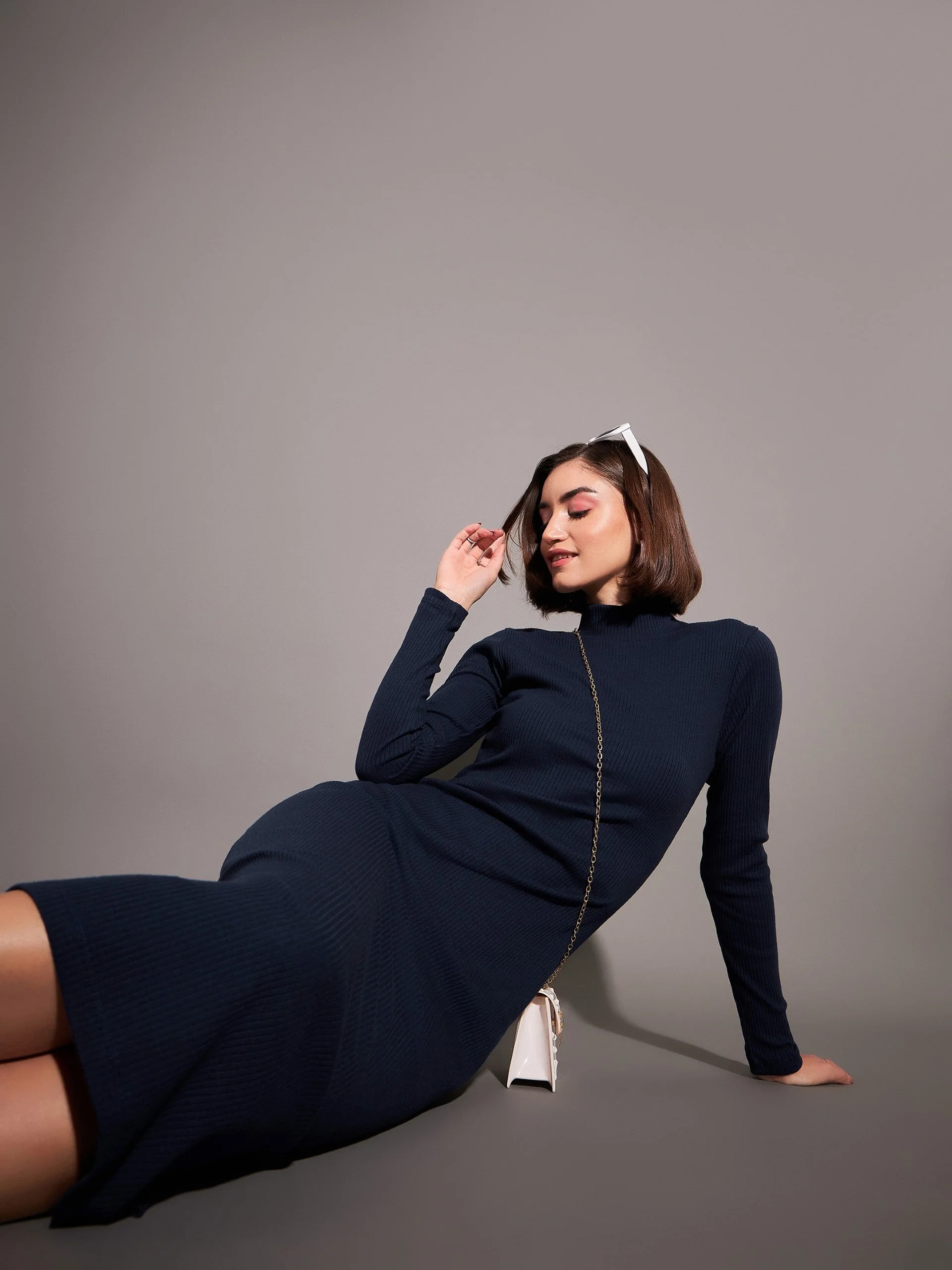 Women Navy Rib High Neck Maxi Dress - Image 2