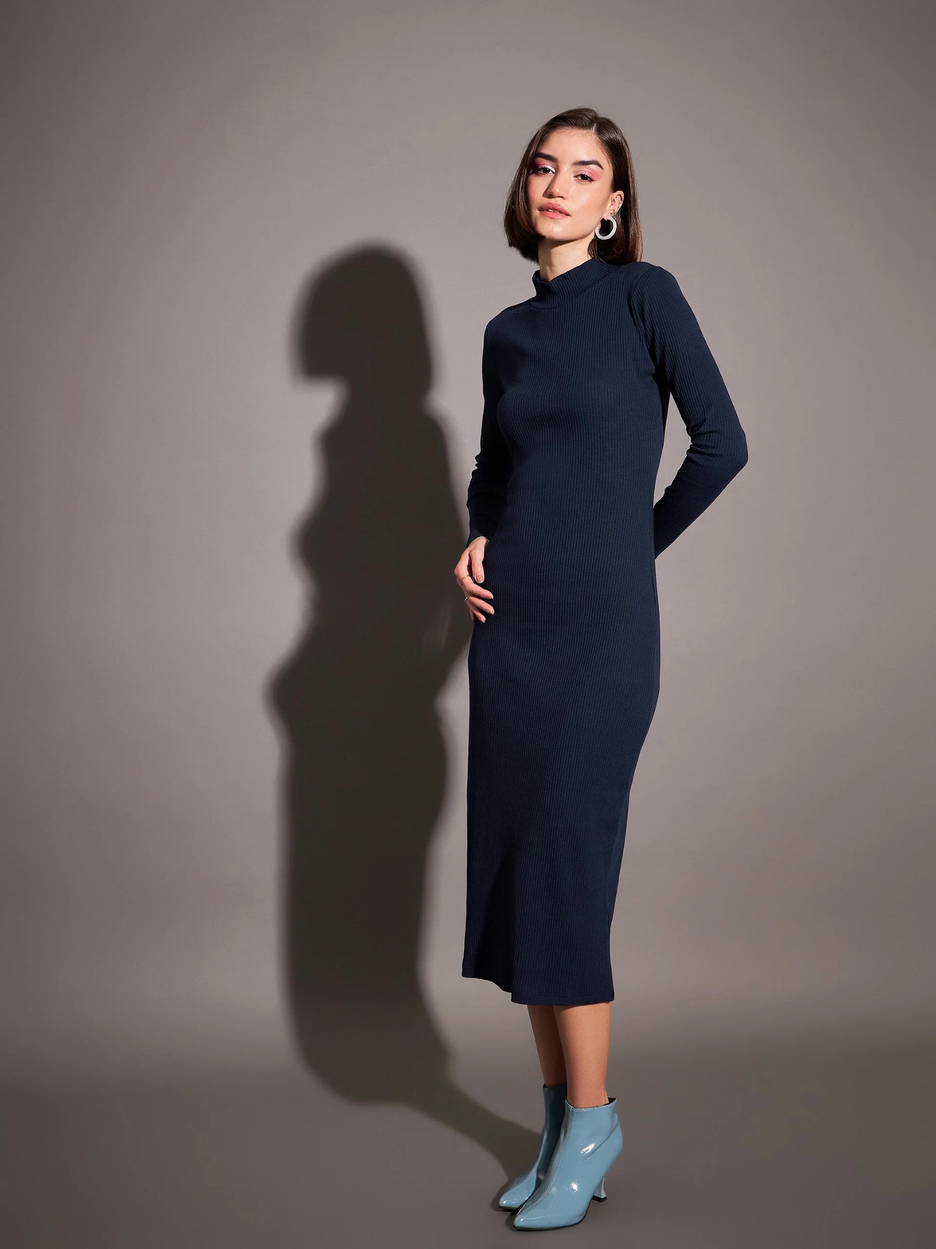 Women Navy Rib High Neck Maxi Dress - Image 3