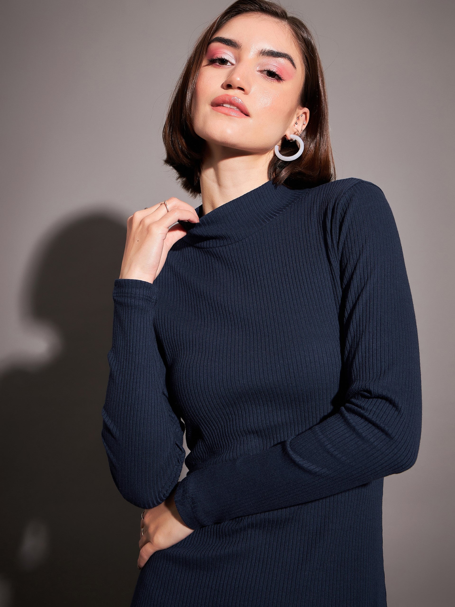 Women Navy Rib High Neck Maxi Dress - Image 4