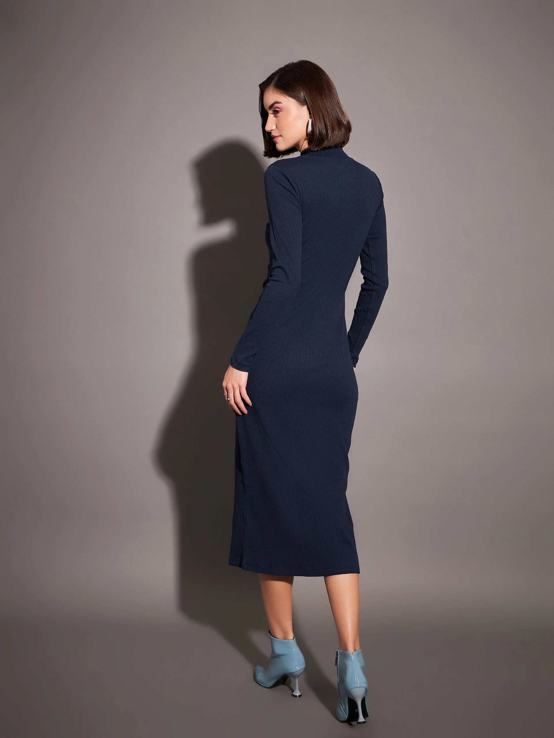 Women Navy Rib High Neck Maxi Dress - Image 5