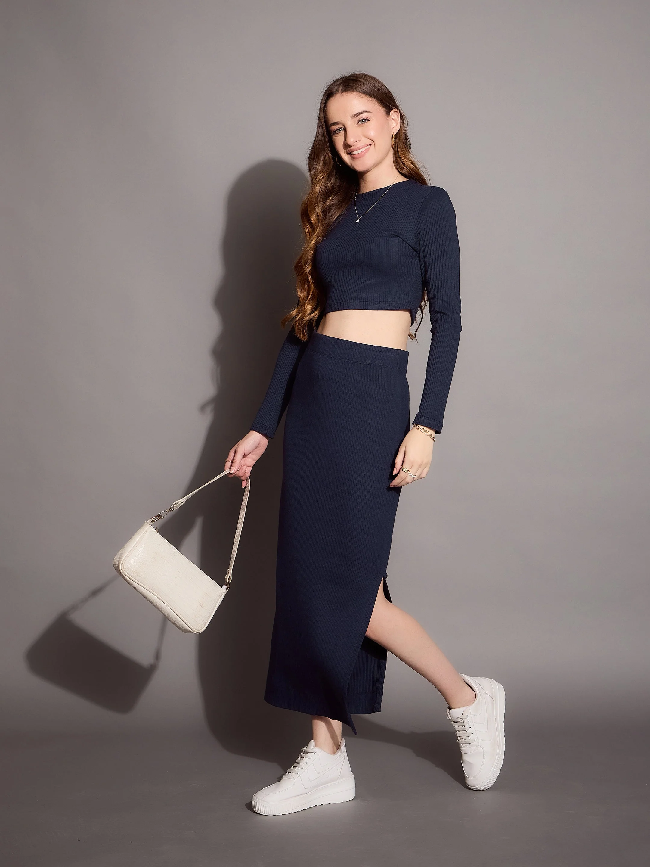 Women Navy Rib Pencil Skirt - Image 2