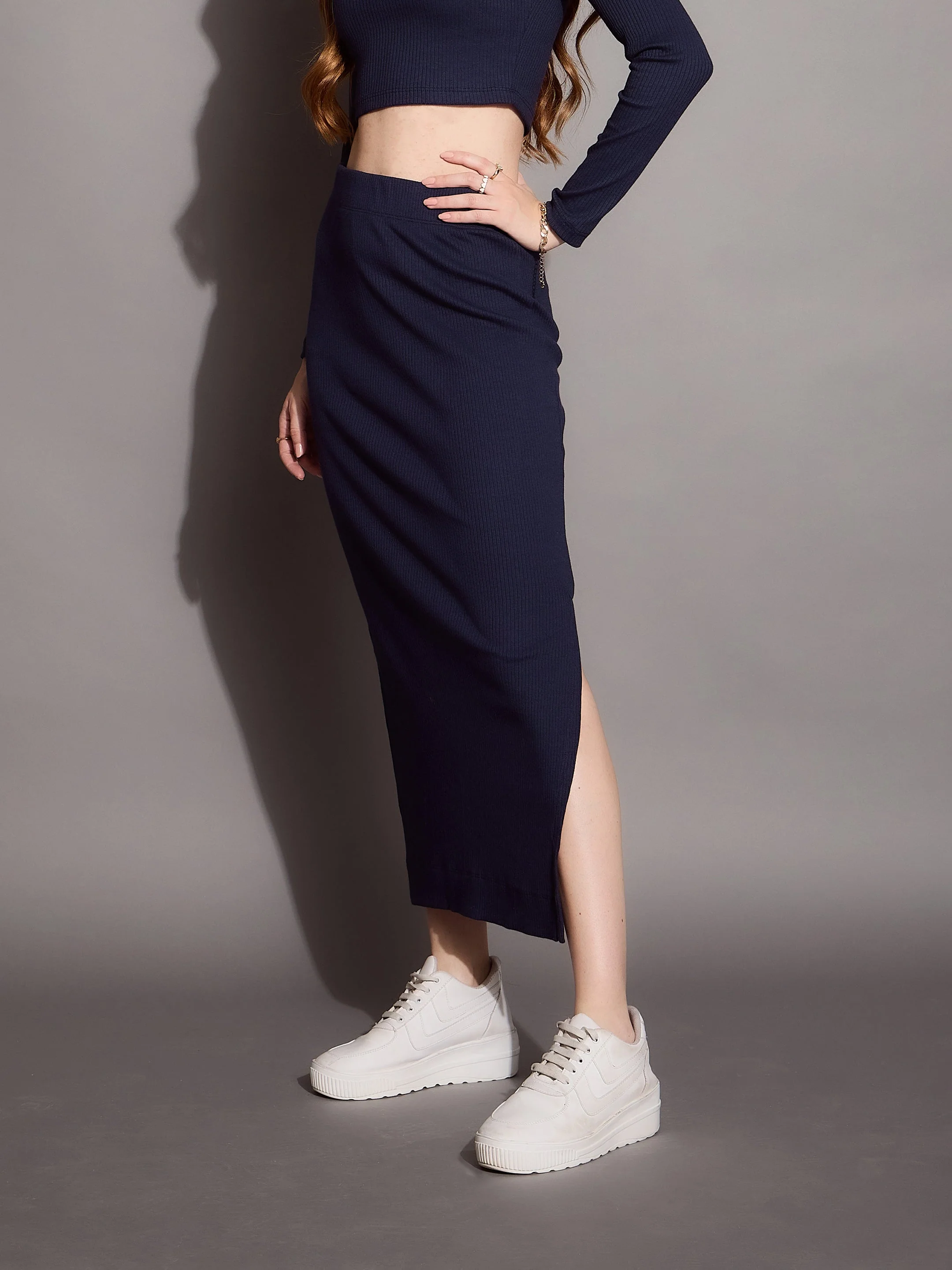 Women Navy Rib Pencil Skirt - Image 3
