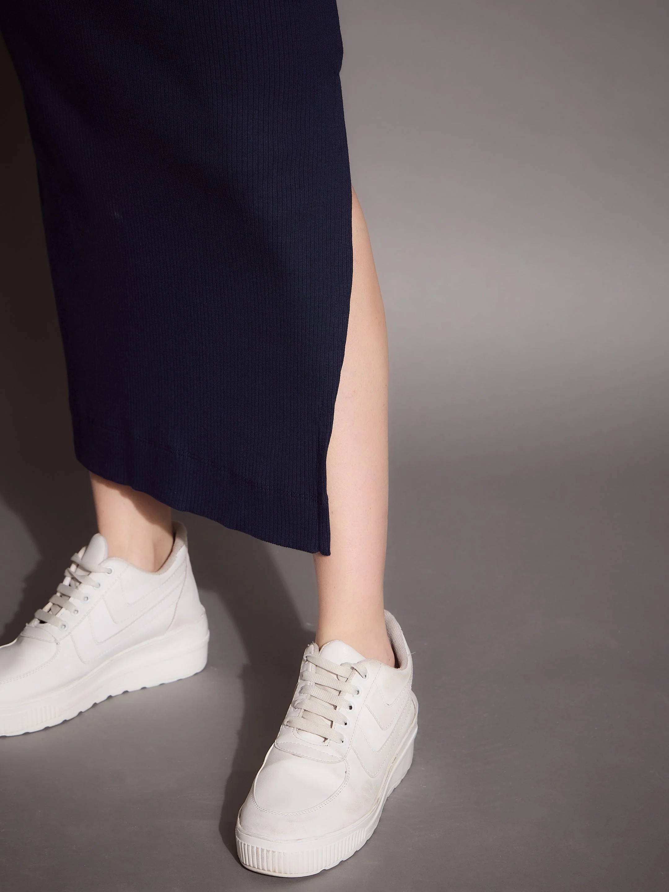 Women Navy Rib Pencil Skirt - Image 5