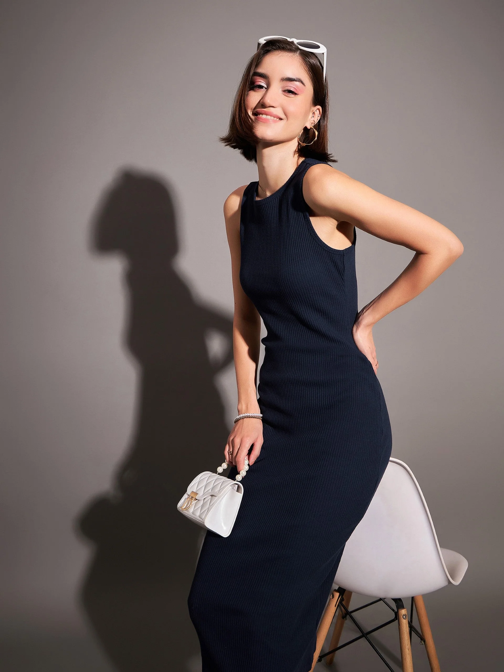 Women Navy Rib Sleeveless Bodycon Dress - Image 2