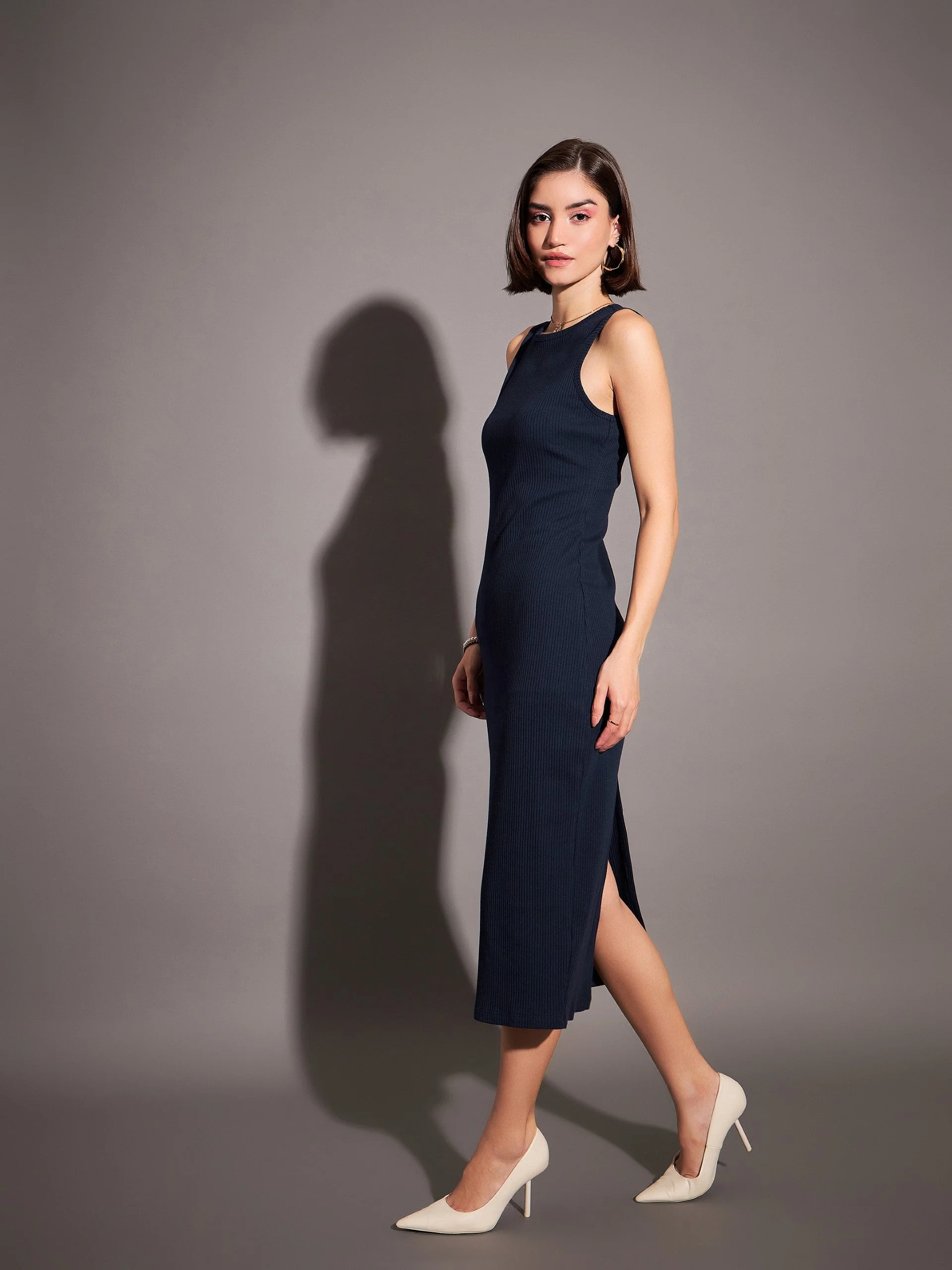 Women Navy Rib Sleeveless Bodycon Dress - Image 3