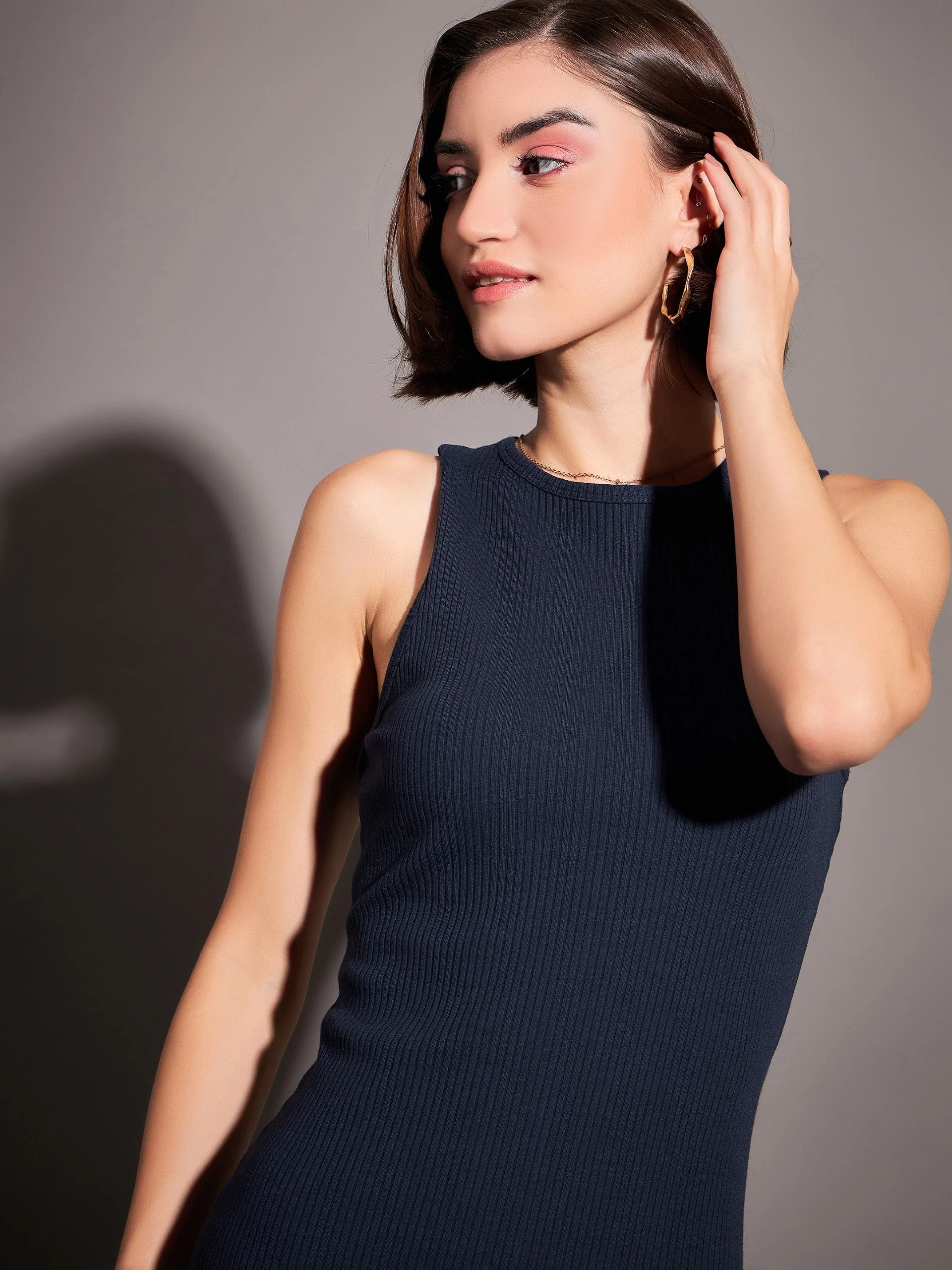 Women Navy Rib Sleeveless Bodycon Dress - Image 4
