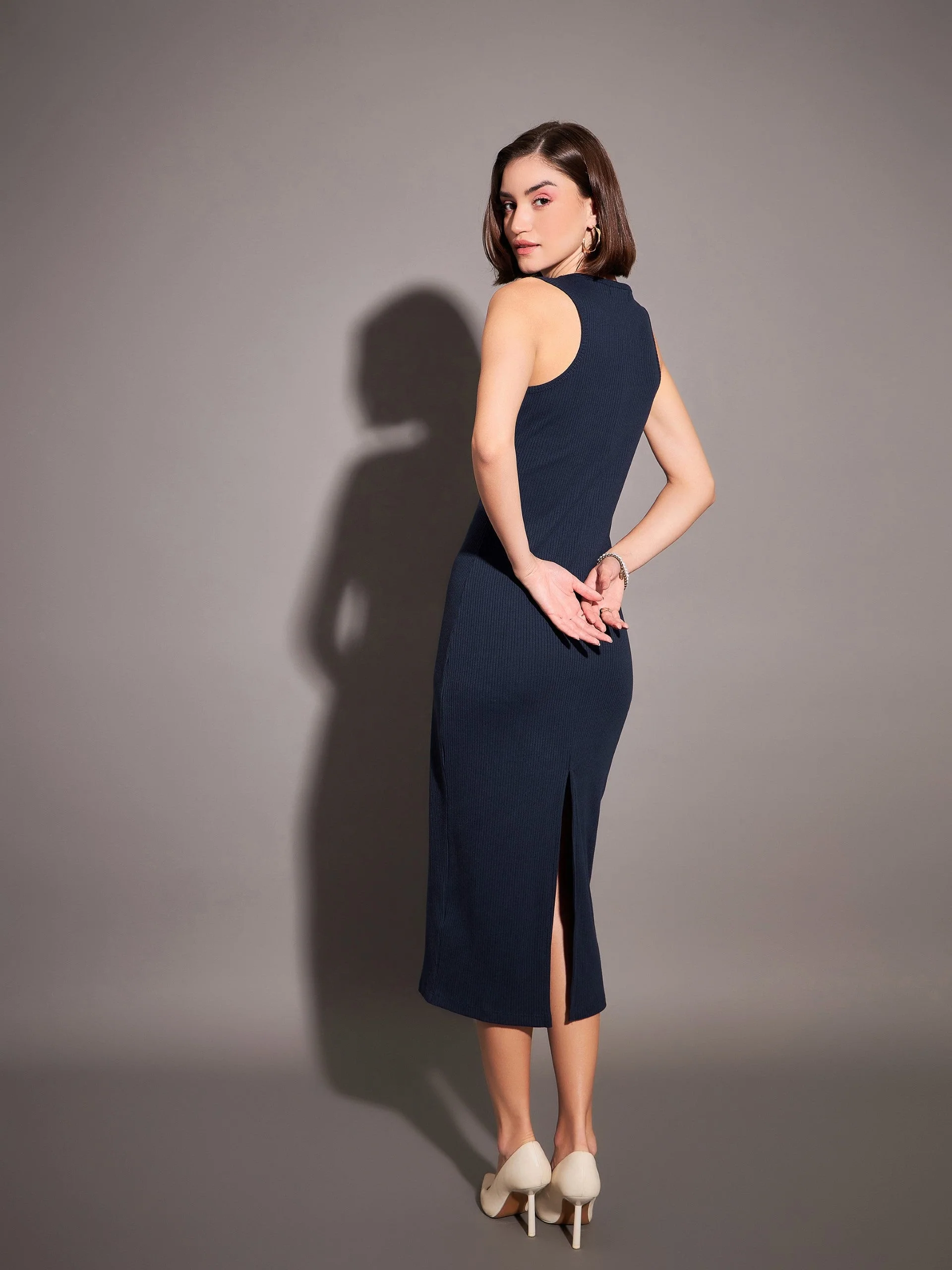 Women Navy Rib Sleeveless Bodycon Dress - Image 5