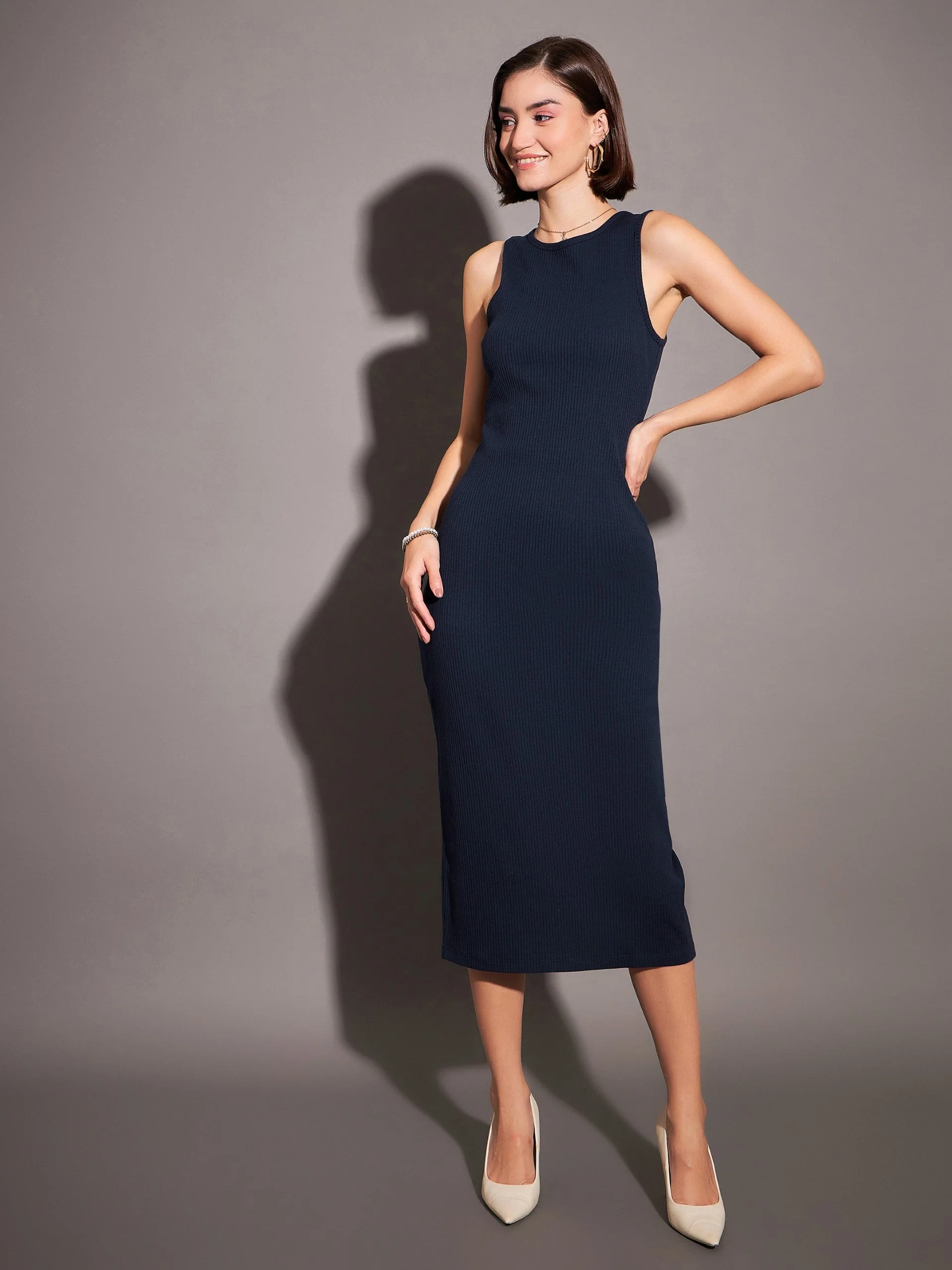 Women Navy Rib Sleeveless Bodycon Dress - Image 6