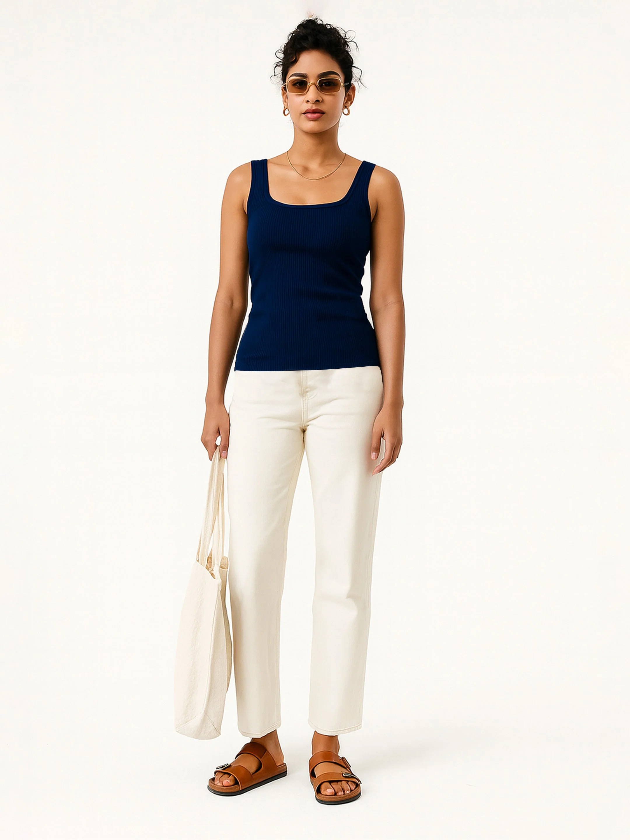 Women Navy Rib Sleeveless Top - Image 5
