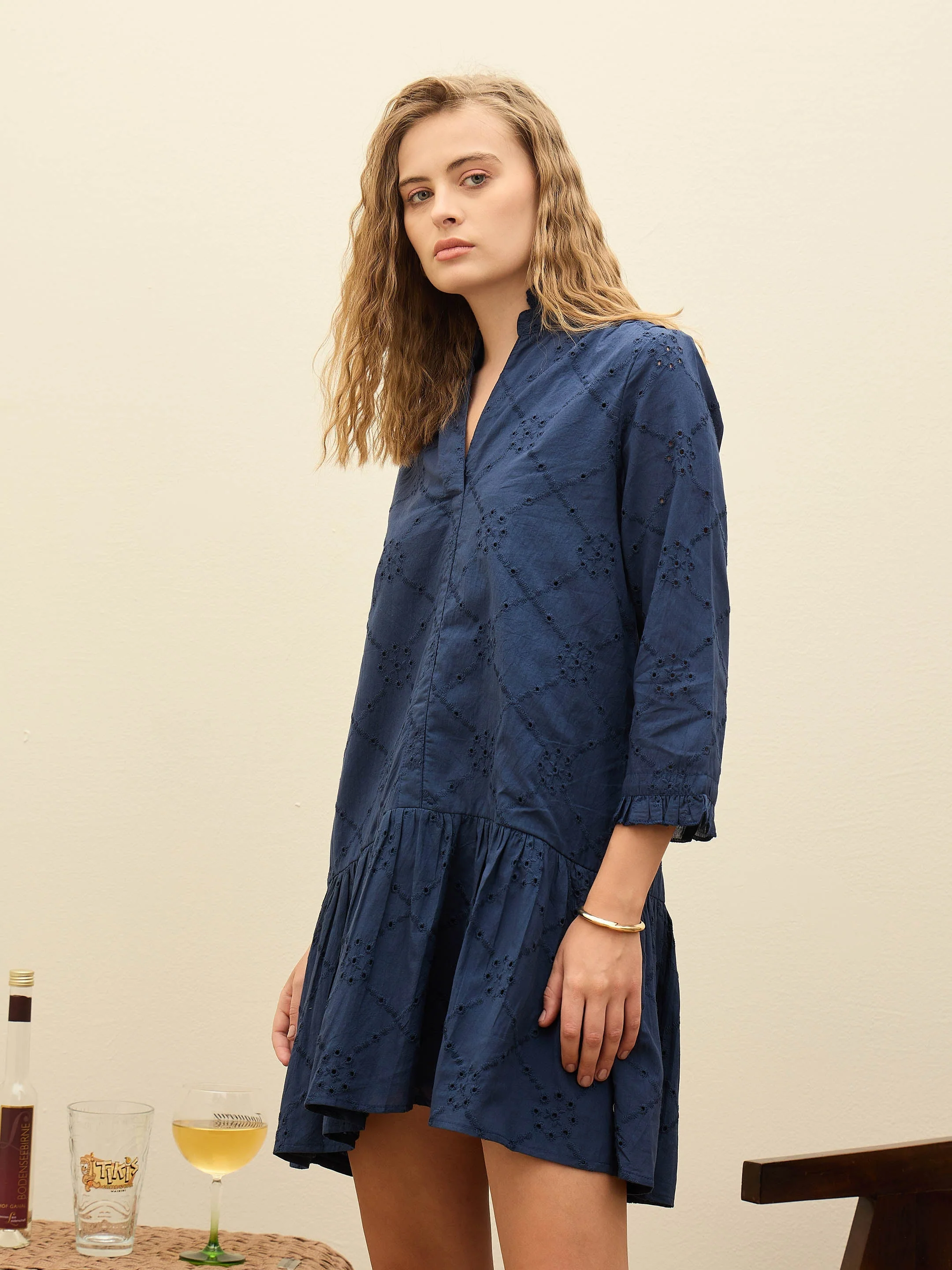 Women Navy Schiffli Frill Neck Short Dress - Image 3