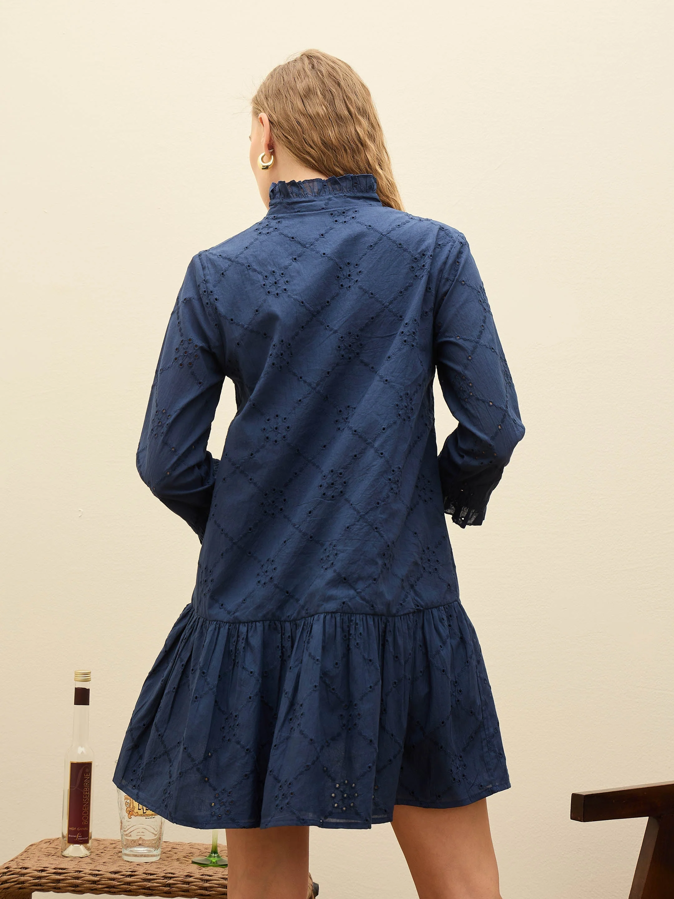 Women Navy Schiffli Frill Neck Short Dress - Image 5