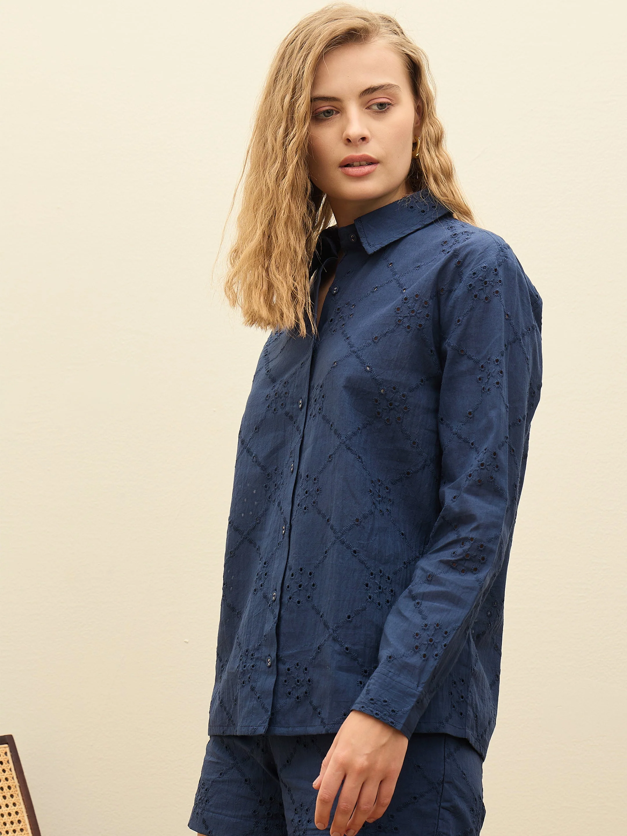 Women Navy Schiffli Full Sleeve Regular Shirt - Image 3