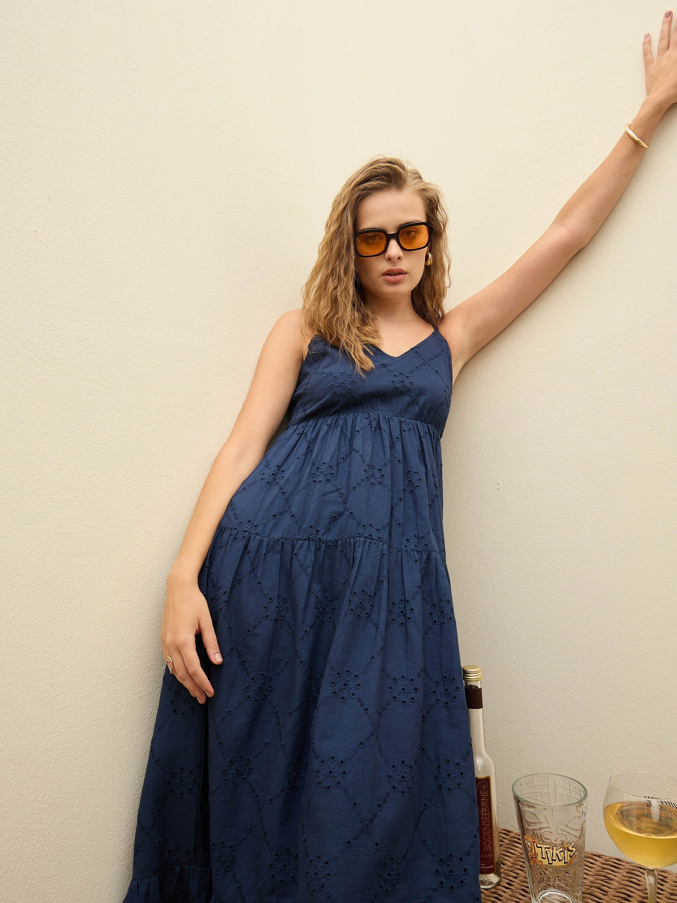Women Navy Schiffli V-Neck Smocked Back Strappy Midi Dress - Image 2