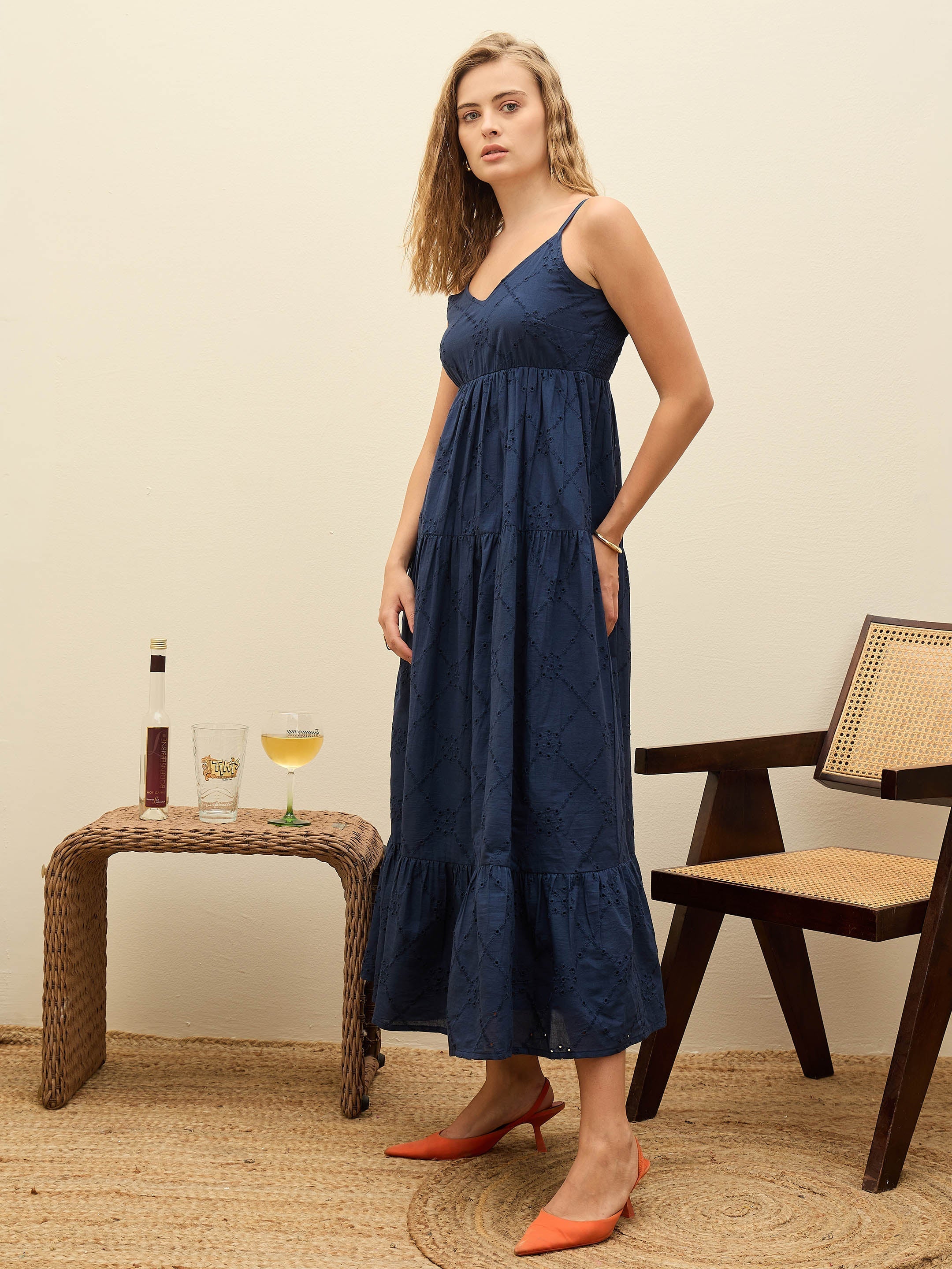 Women Navy Schiffli V-Neck Smocked Back Strappy Midi Dress - Image 3