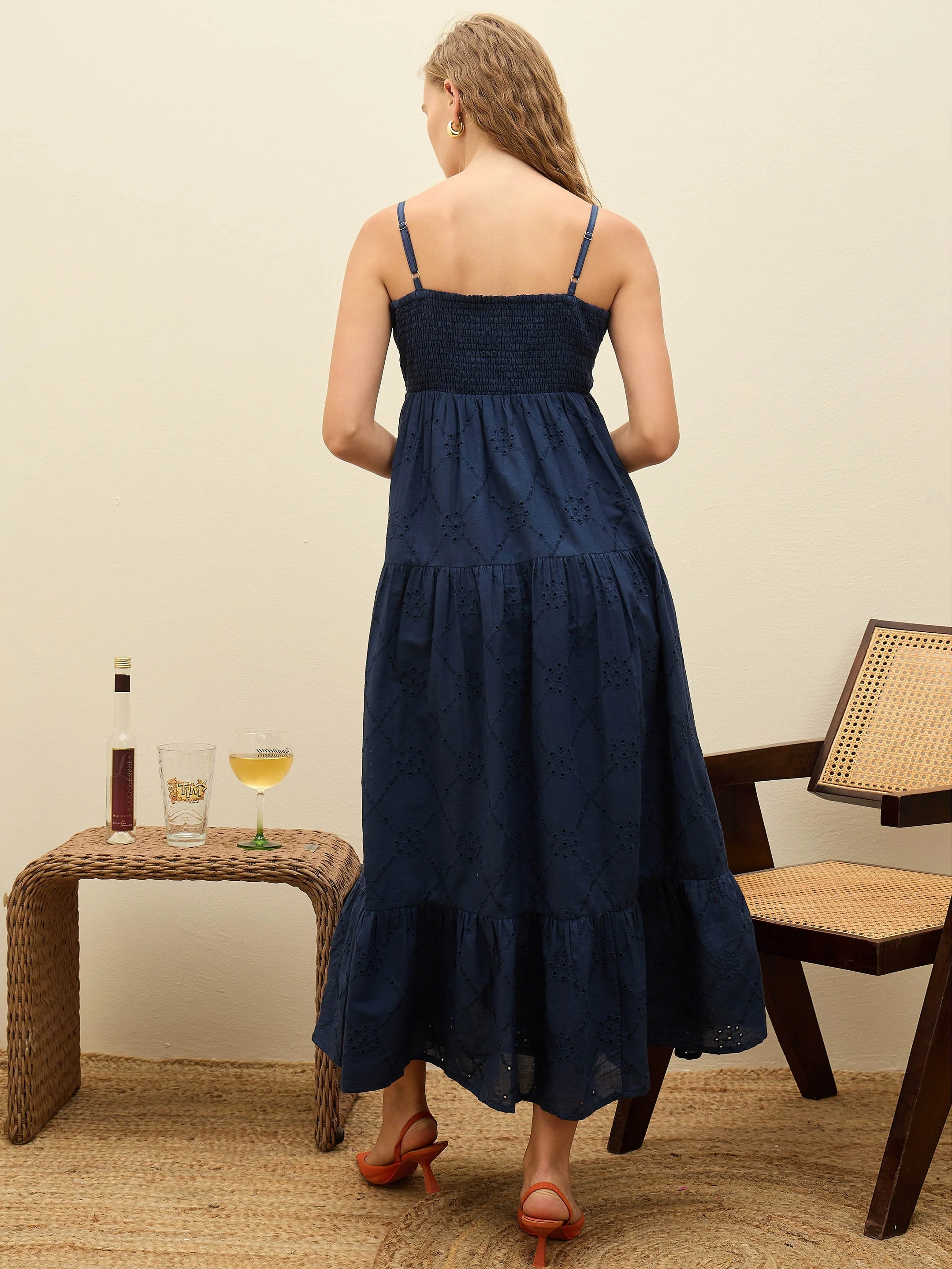 Women Navy Schiffli V-Neck Smocked Back Strappy Midi Dress - Image 5