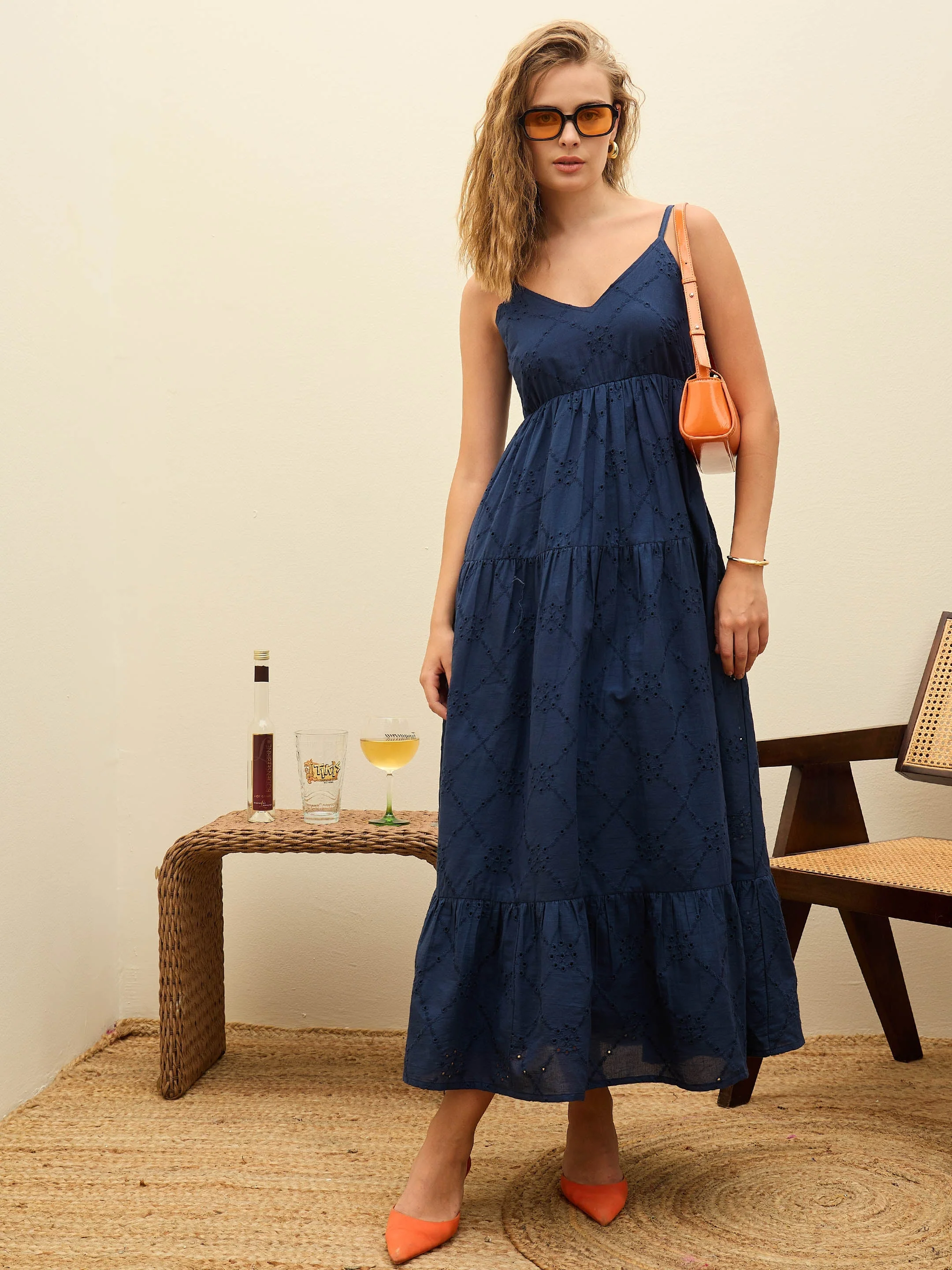 Women Navy Schiffli V-Neck Smocked Back Strappy Midi Dress - Image 6