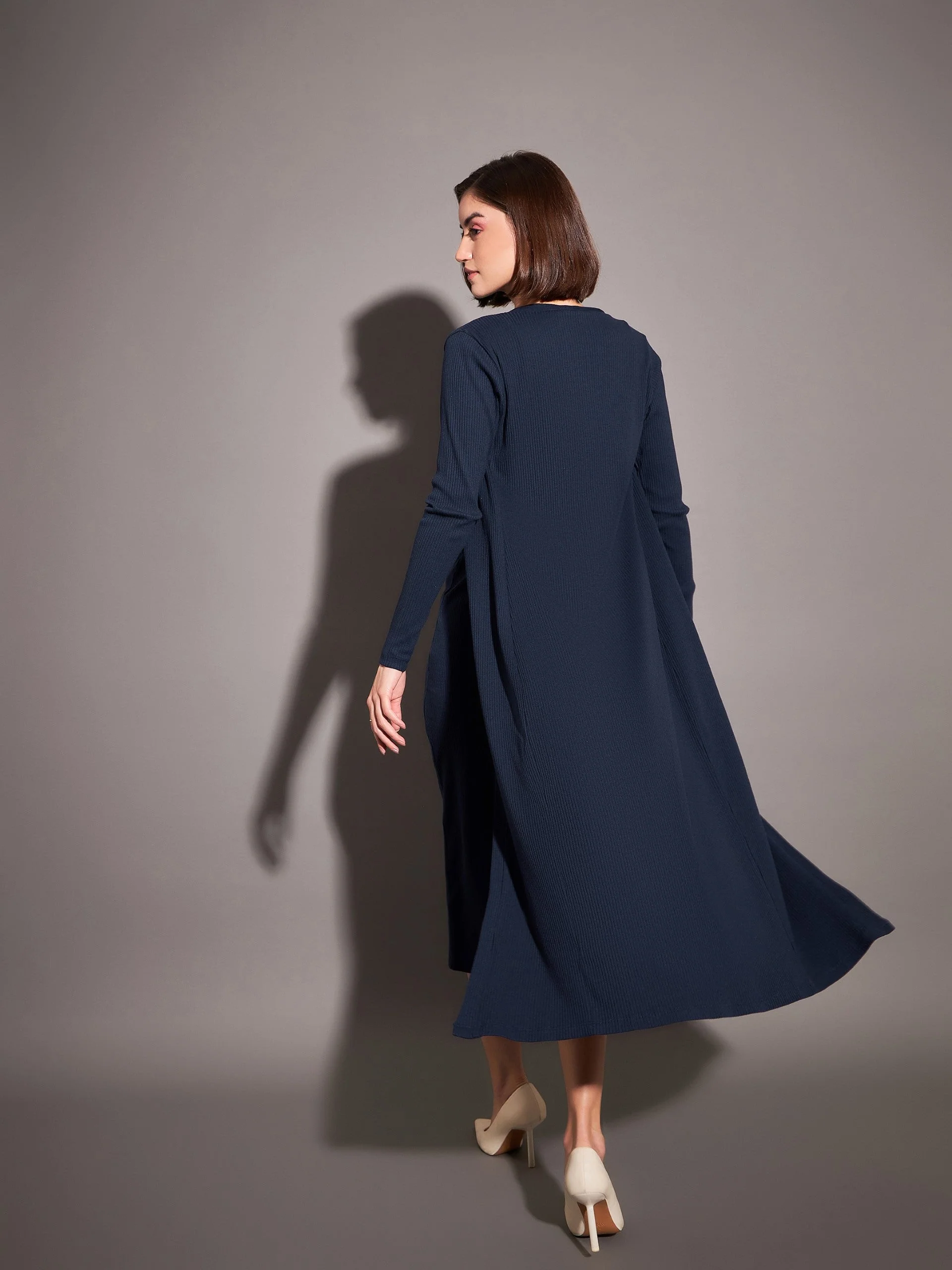 Women Navy Solid Rib Front Open Shrug - Image 2