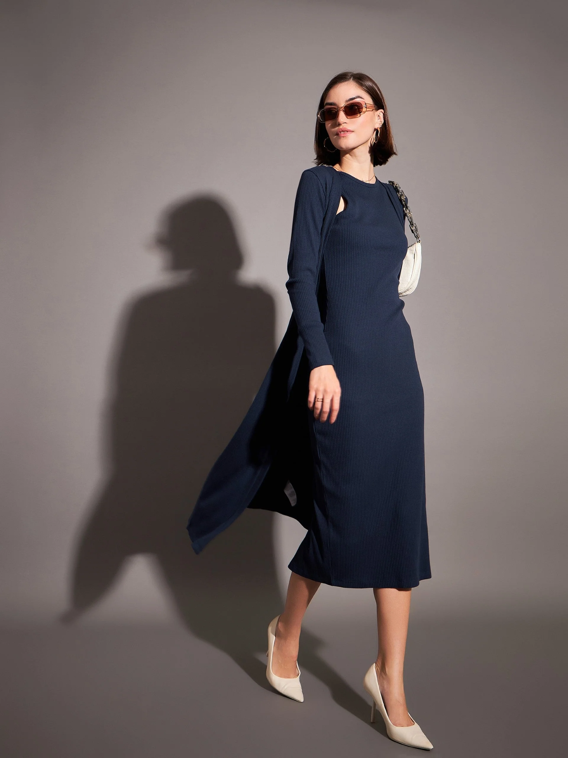 Women Navy Solid Rib Front Open Shrug - Image 4