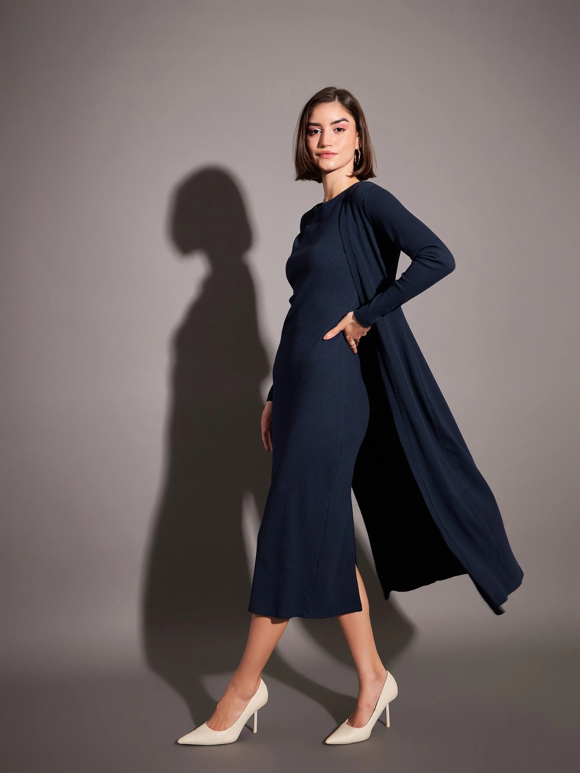 Women Navy Solid Rib Front Open Shrug - Image 5