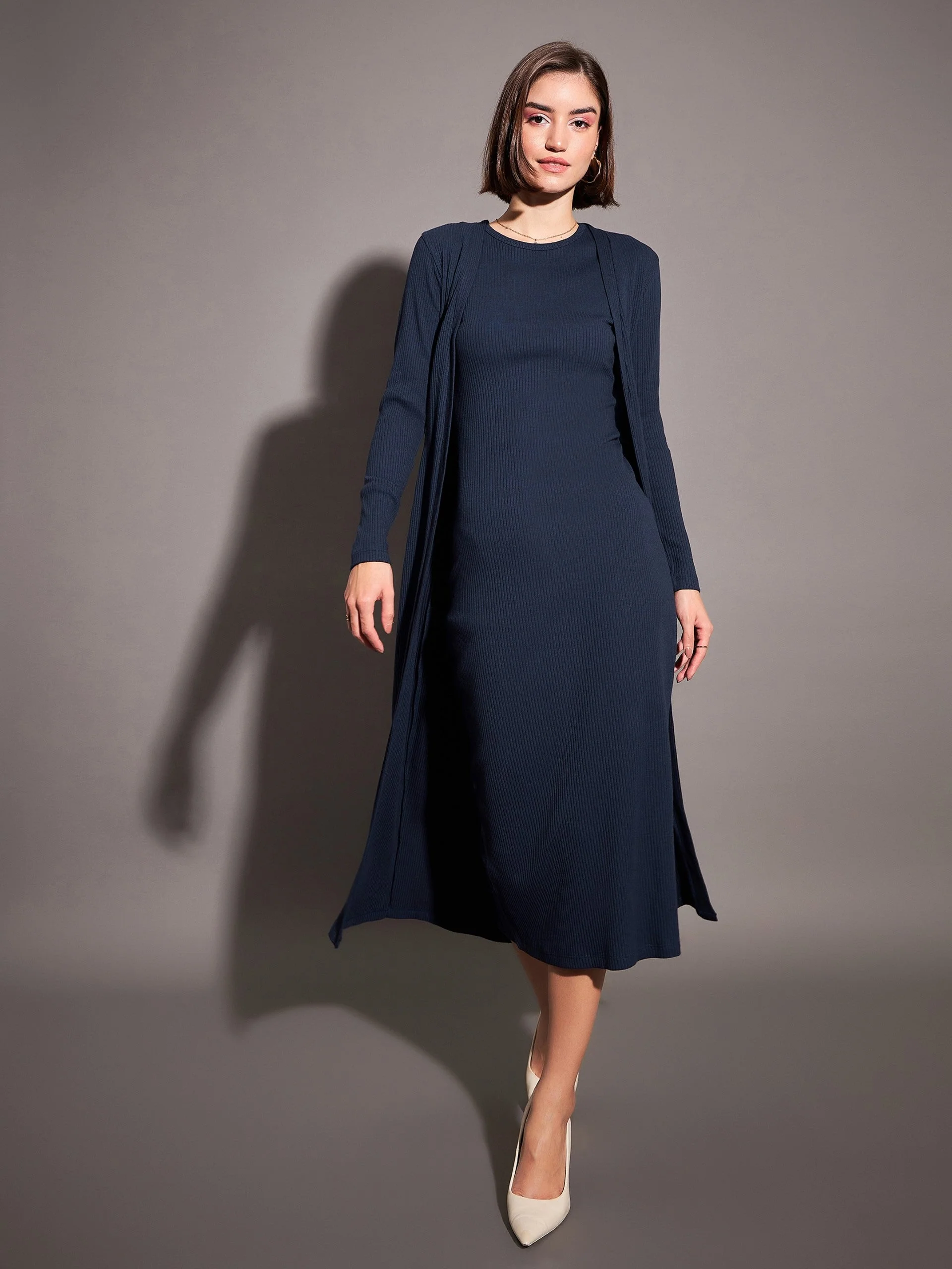 Women Navy Solid Rib Front Open Shrug - Image 6