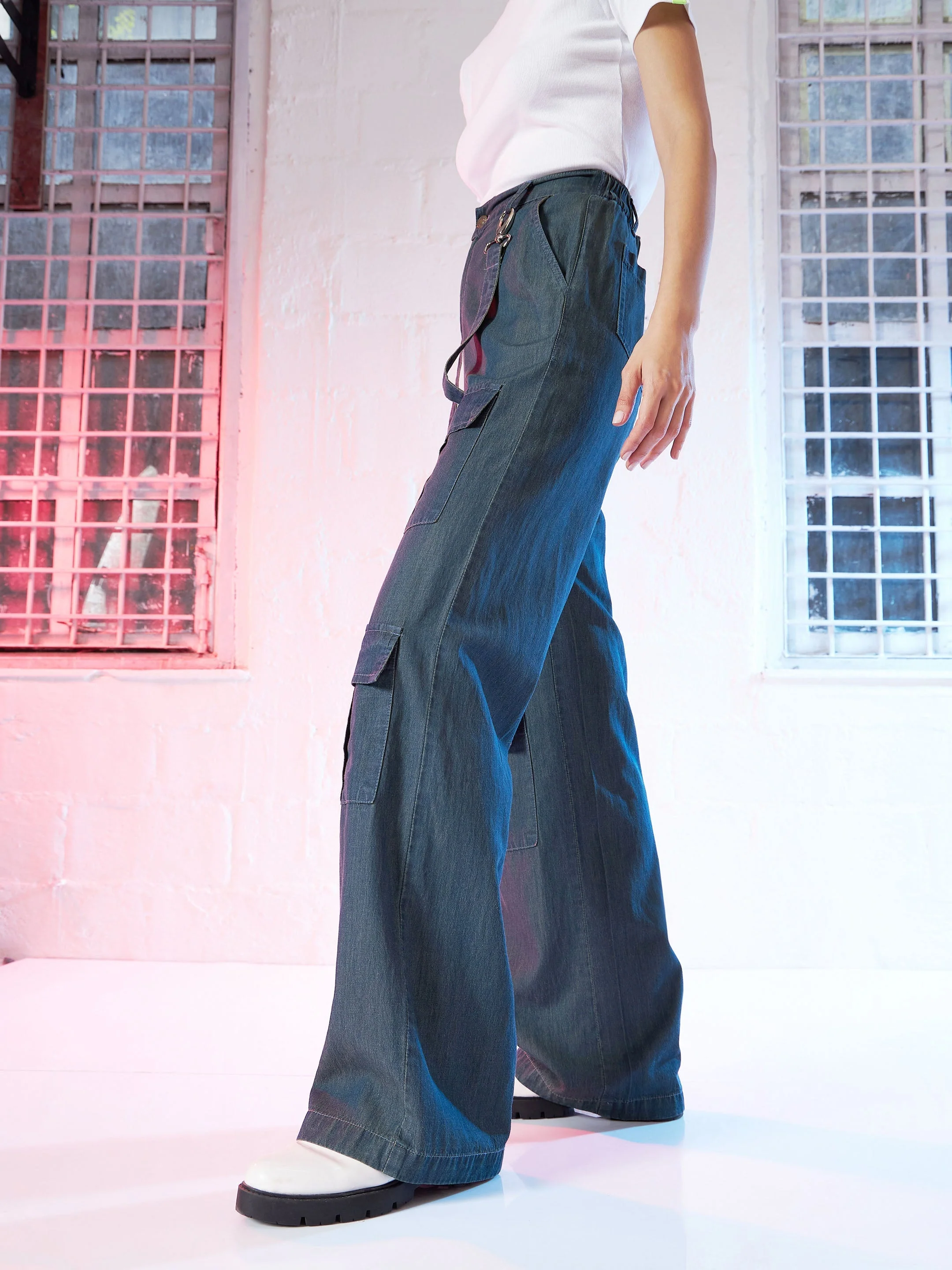 Women Navy Tencel Cargo Pants - Image 3