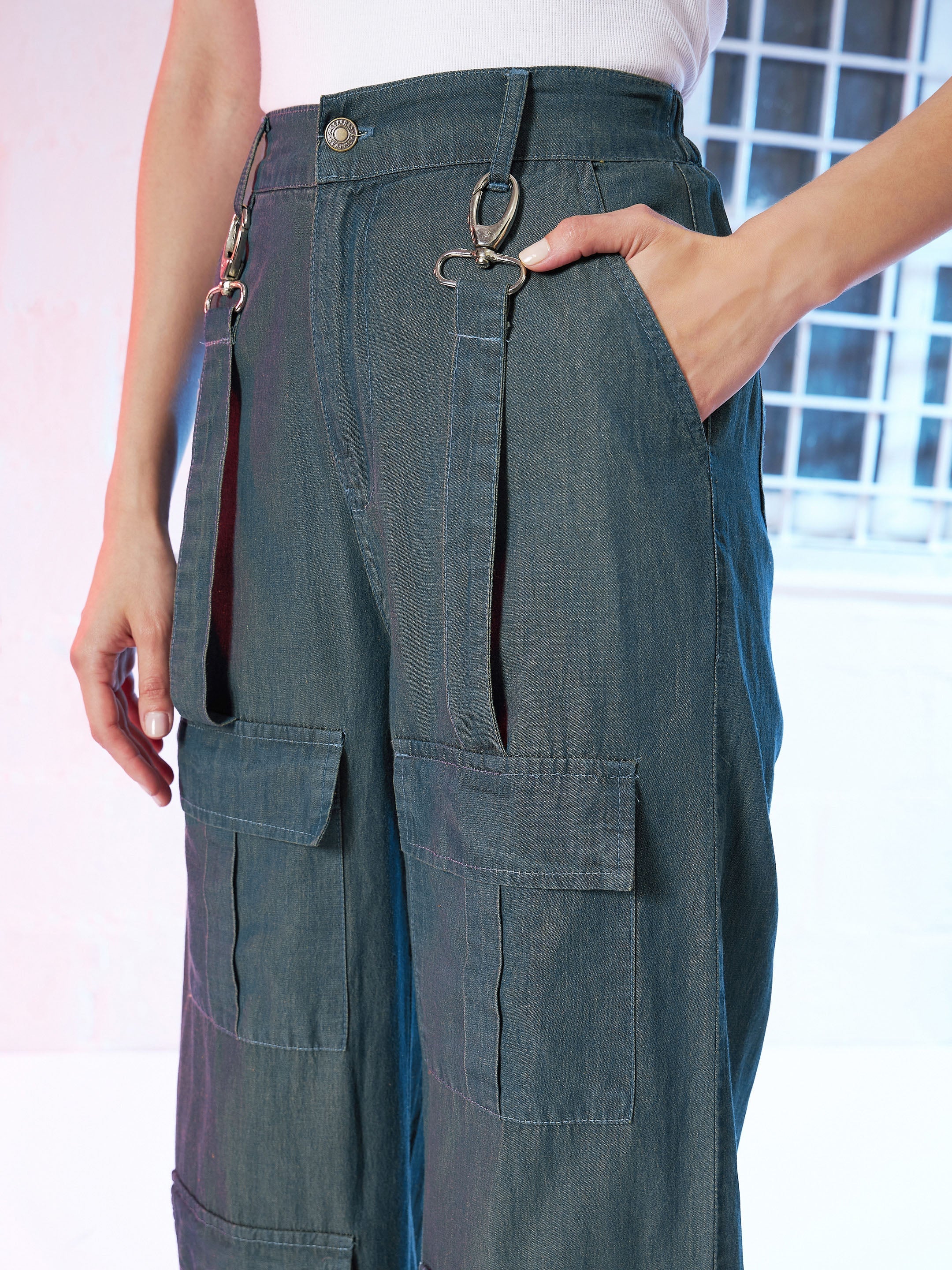 Women Navy Tencel Cargo Pants - Image 4