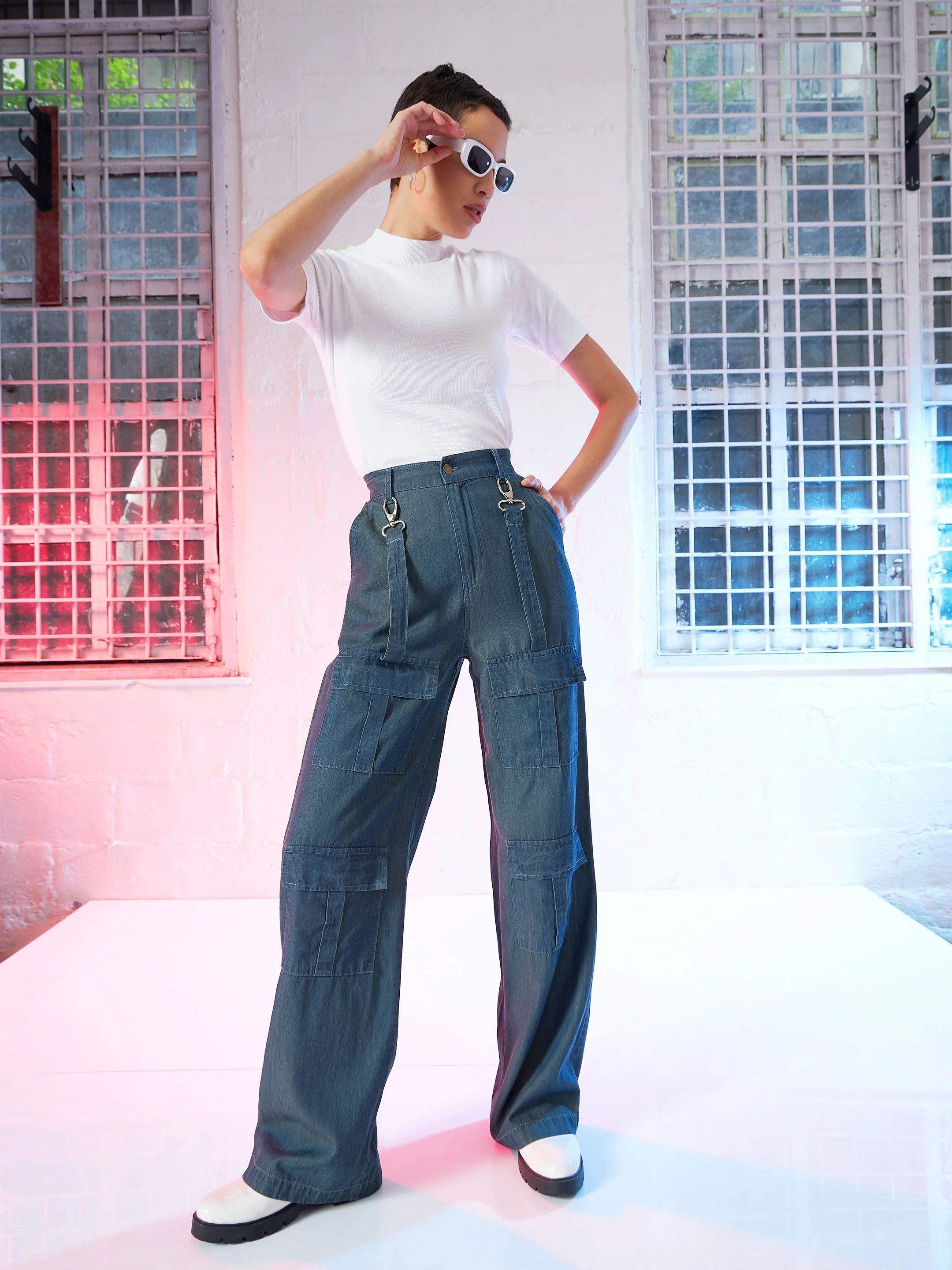 Women Navy Tencel Cargo Pants - Image 6