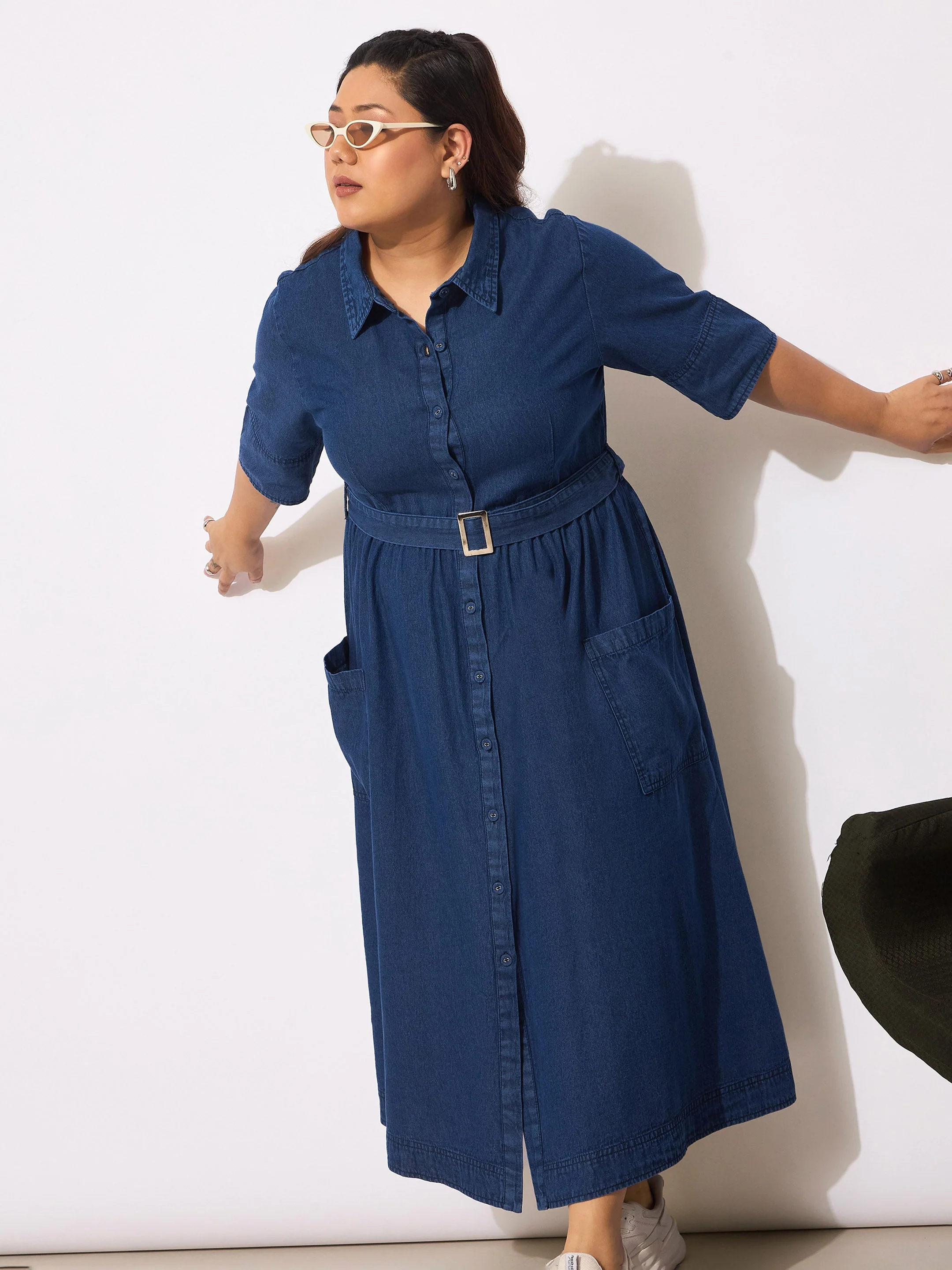Women Navy Tencel Front Button Midi Dress - Image 2