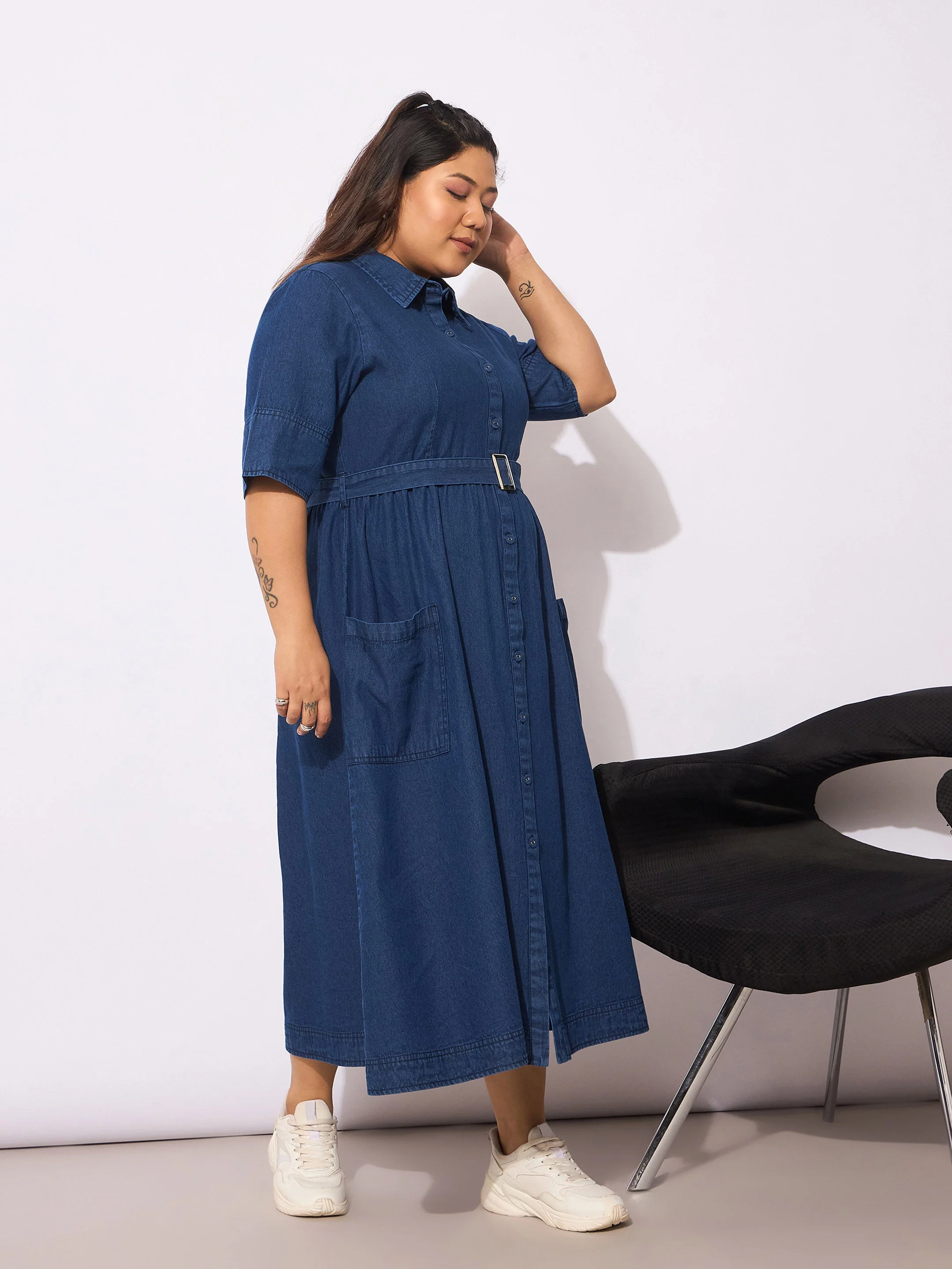 Women Navy Tencel Front Button Midi Dress - Image 3