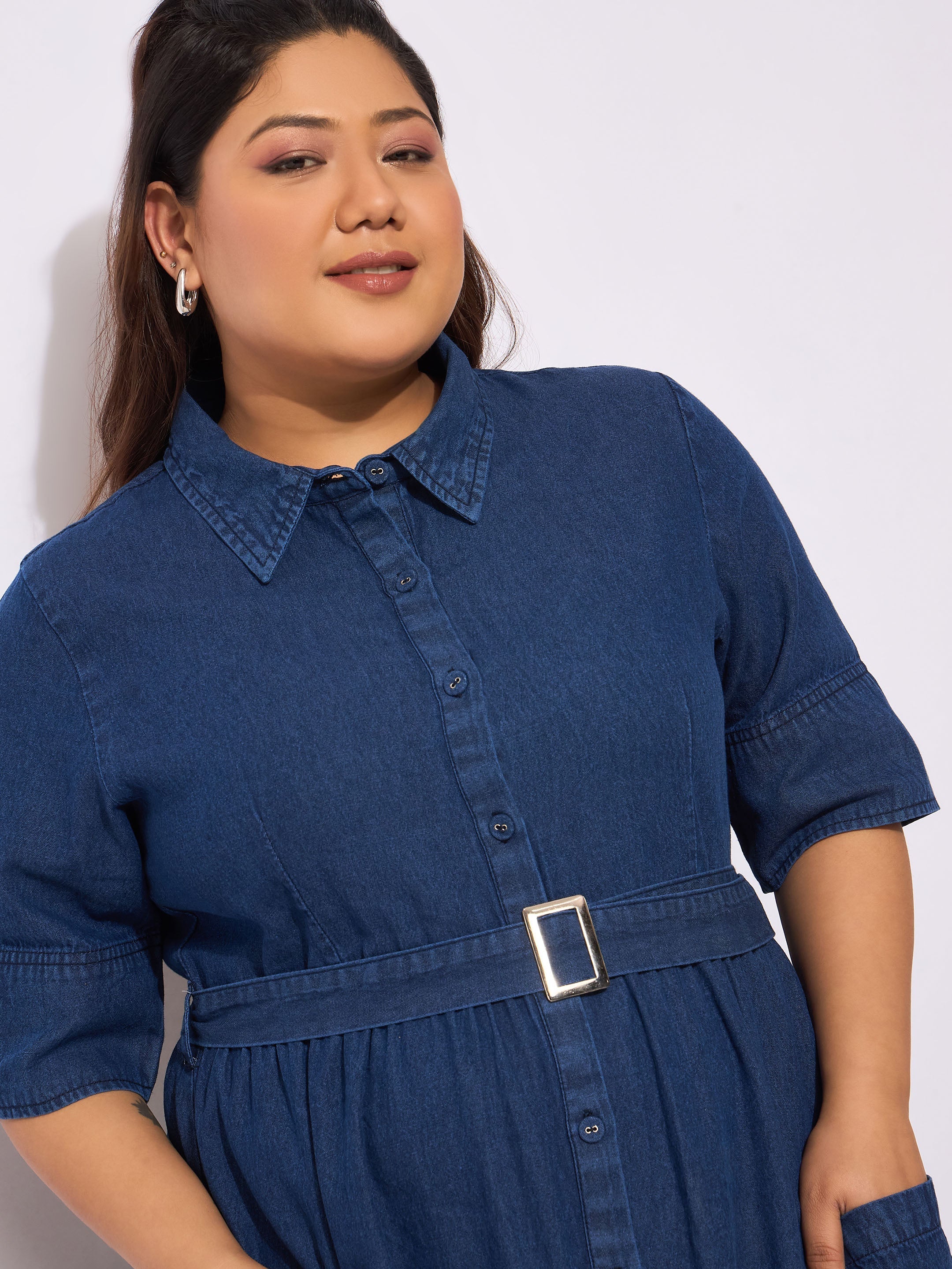 Women Navy Tencel Front Button Midi Dress - Image 4