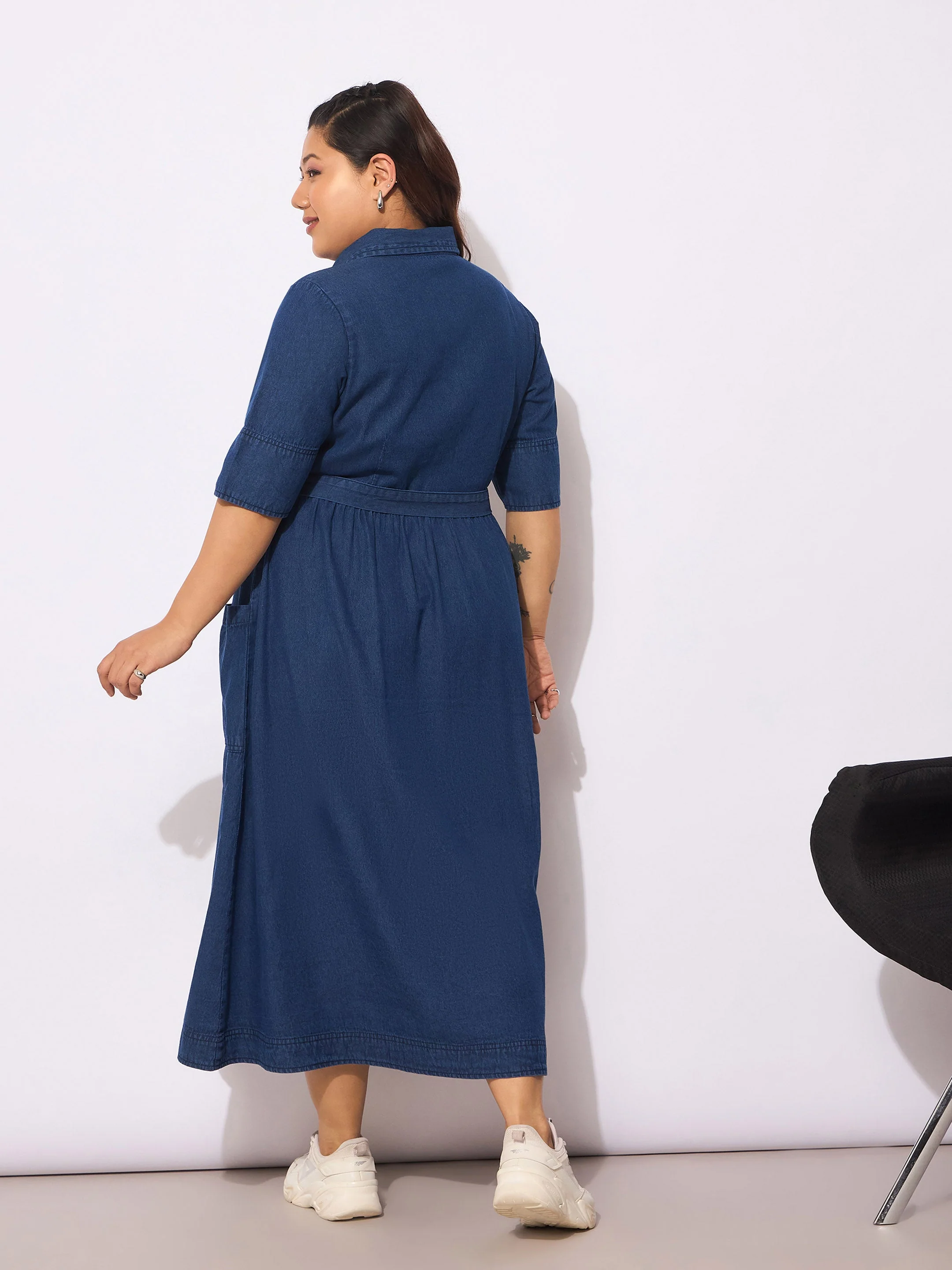 Women Navy Tencel Front Button Midi Dress - Image 5