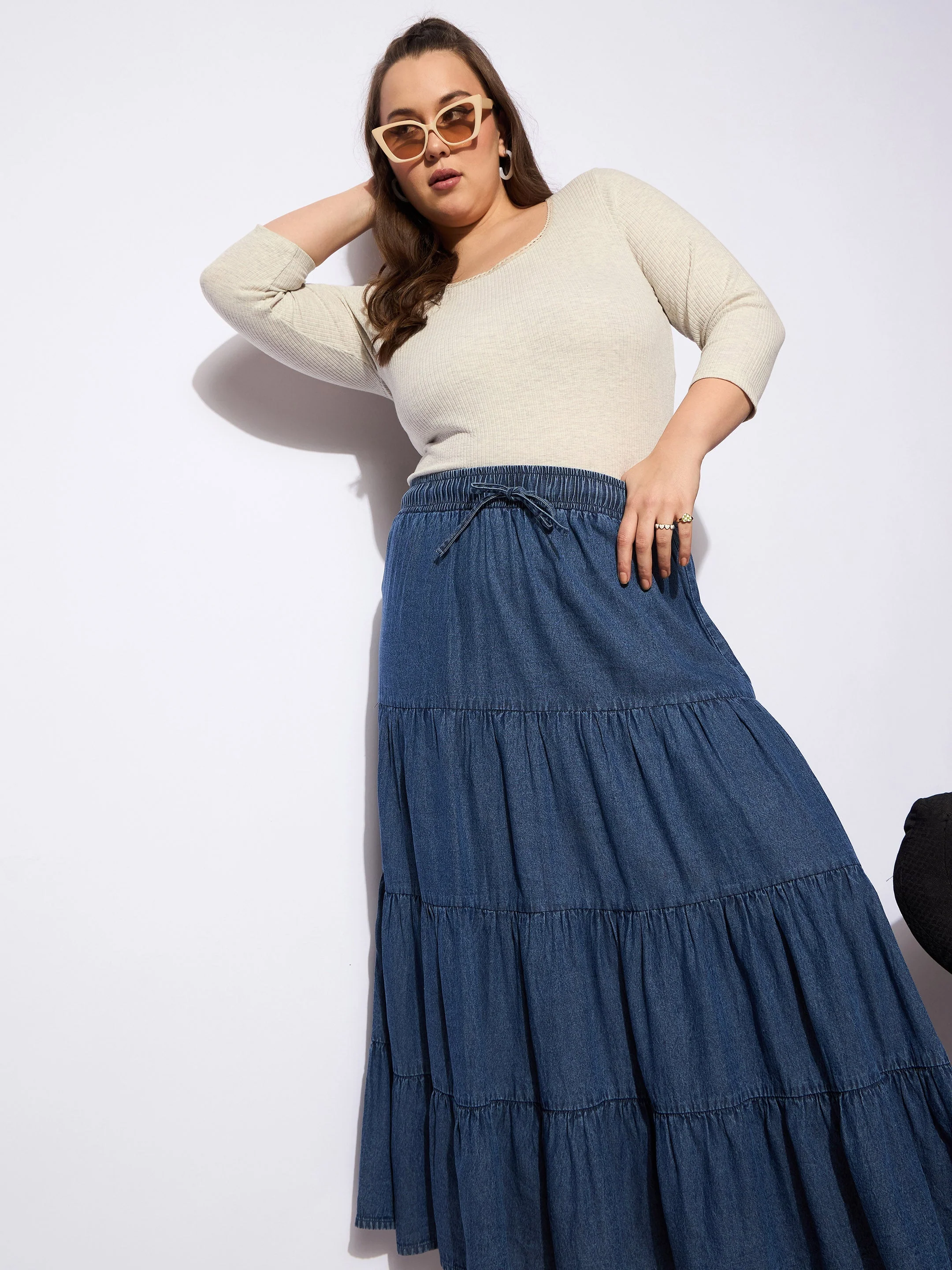 Women Navy Tencel Front Drawstring Tiered Skirt - Image 2