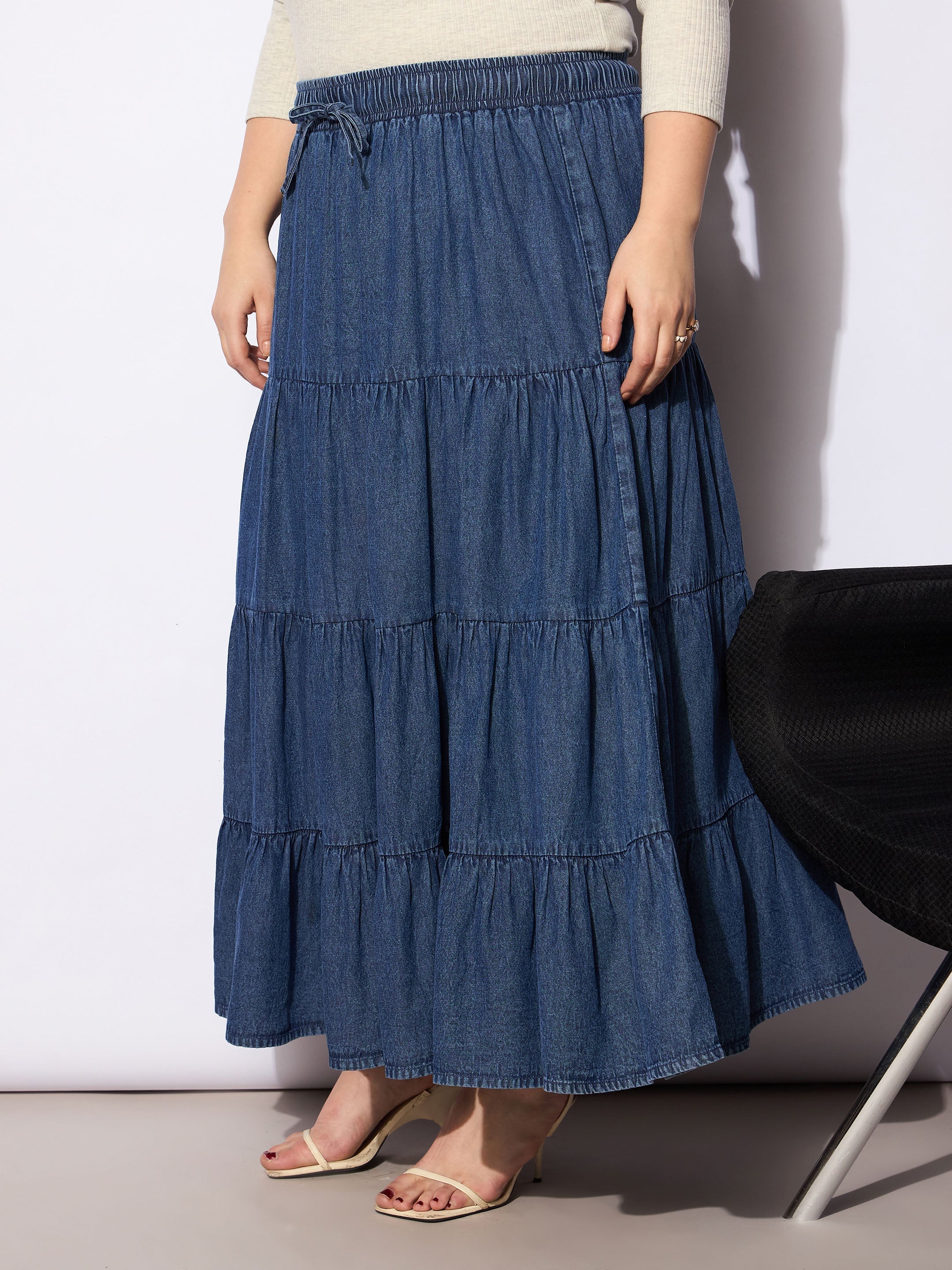 Women Navy Tencel Front Drawstring Tiered Skirt - Image 3