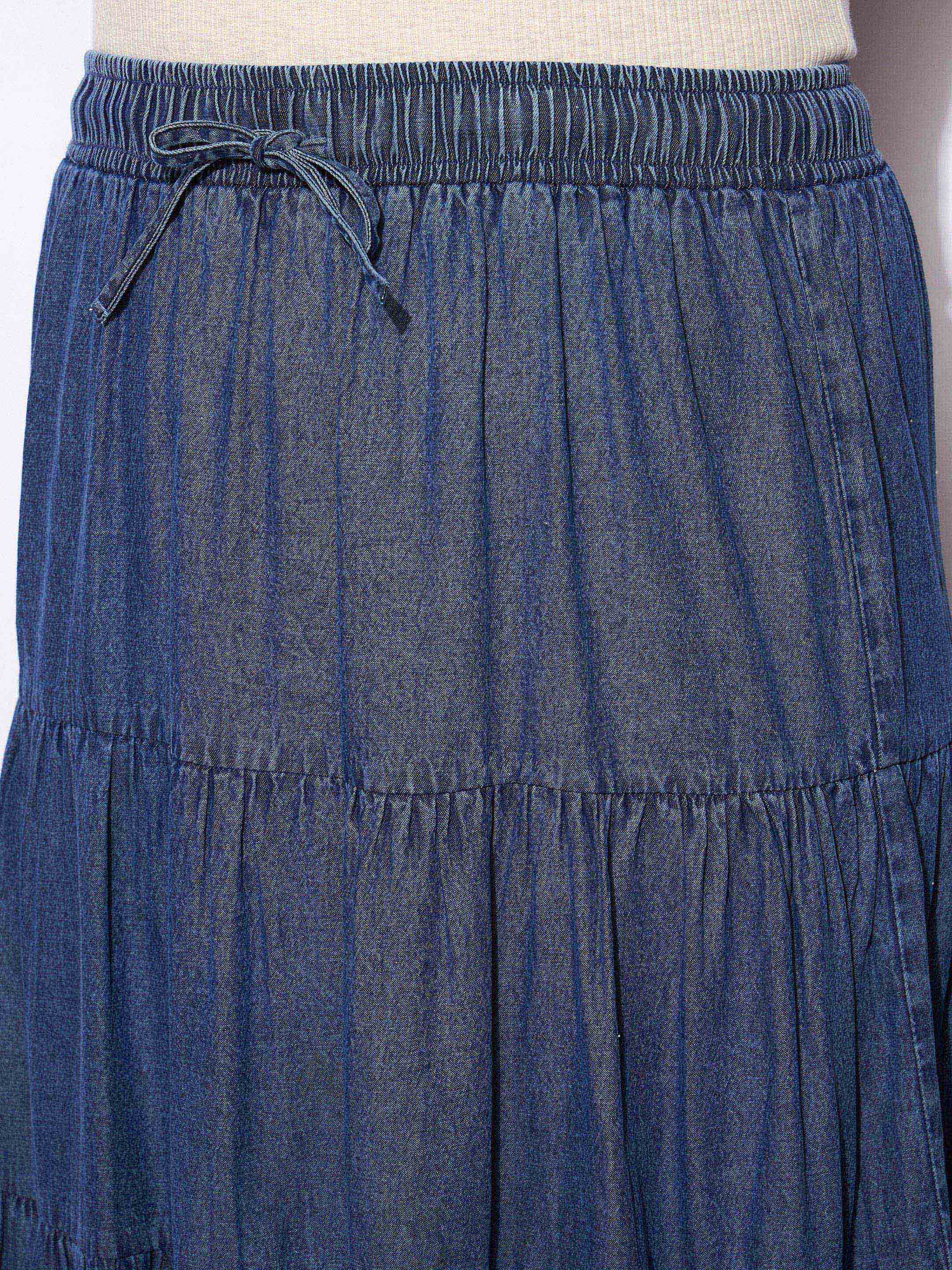 Women Navy Tencel Front Drawstring Tiered Skirt - Image 4