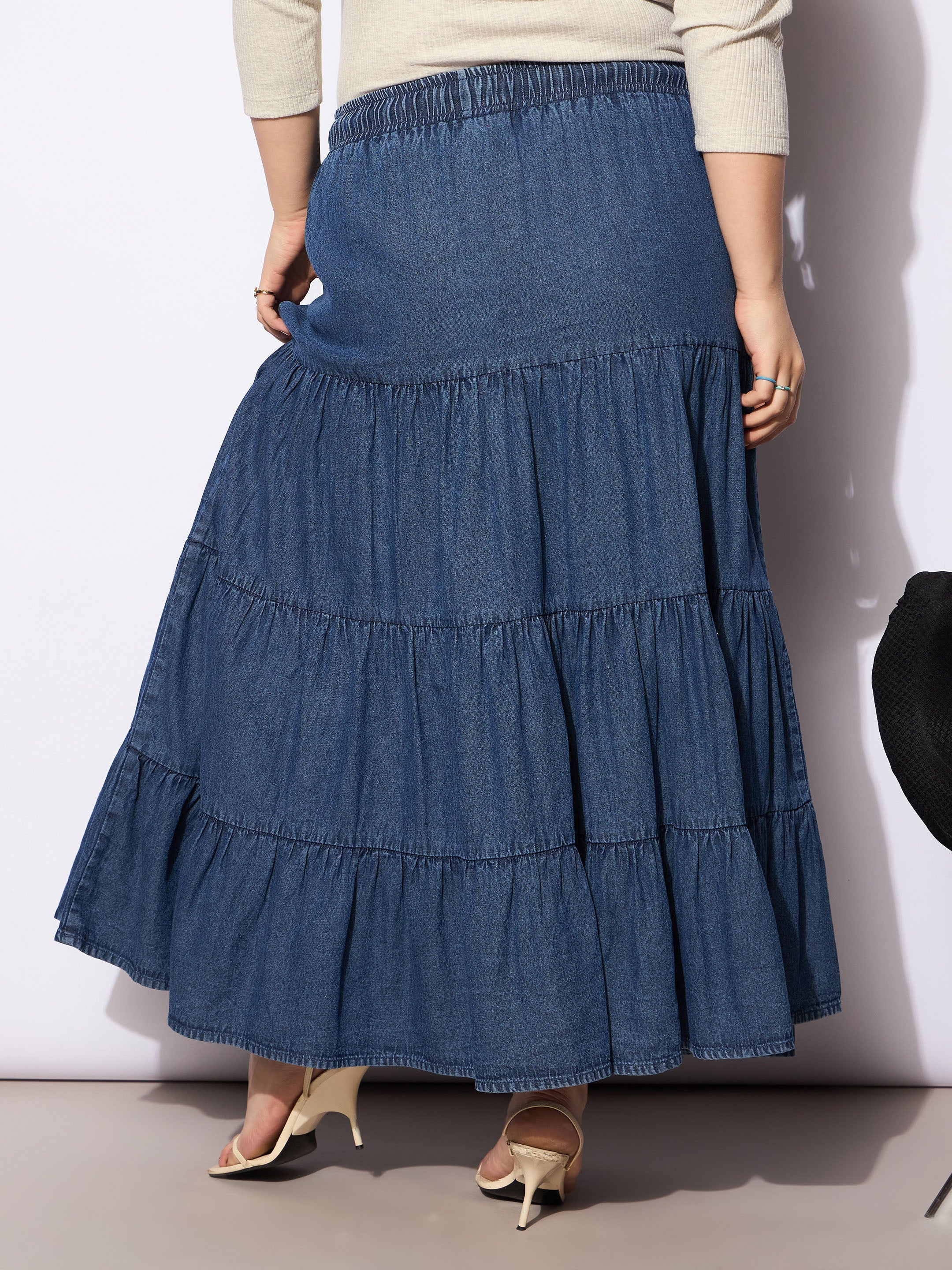 Women Navy Tencel Front Drawstring Tiered Skirt - Image 5