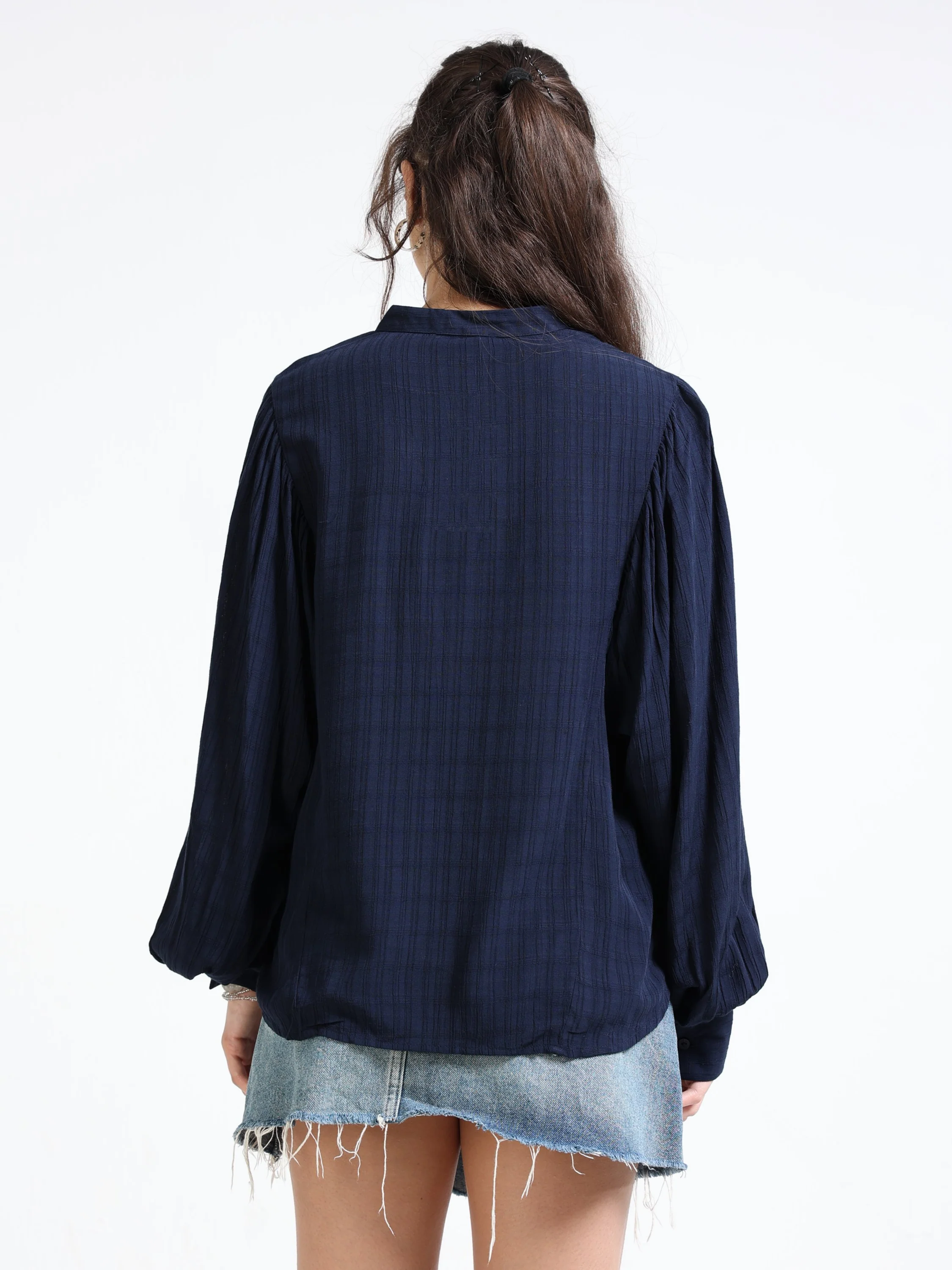 Women Navy Balloon Sleeve Top - Image 2