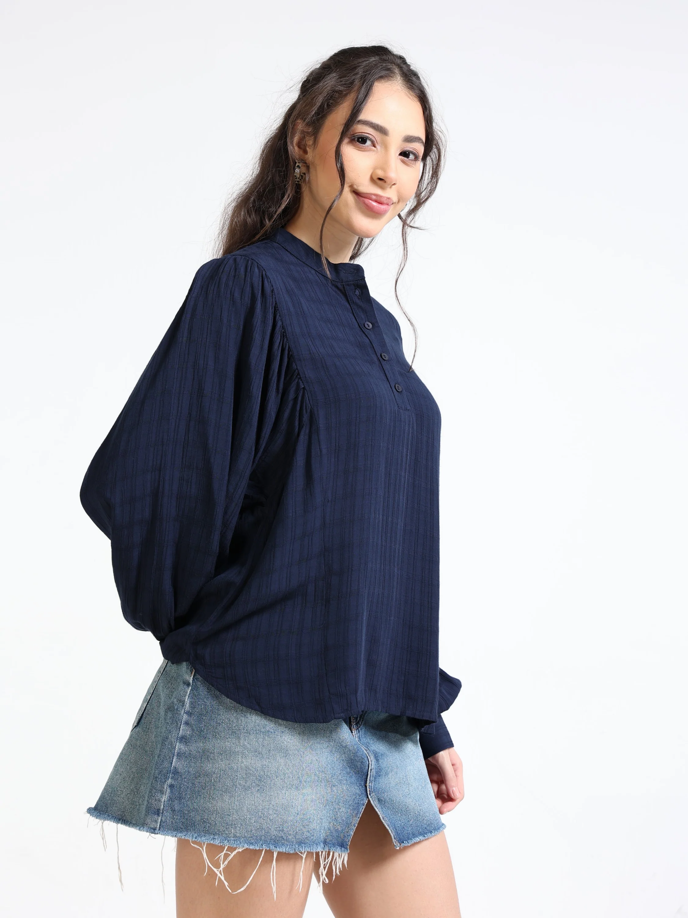 Women Navy Balloon Sleeve Top - Image 4