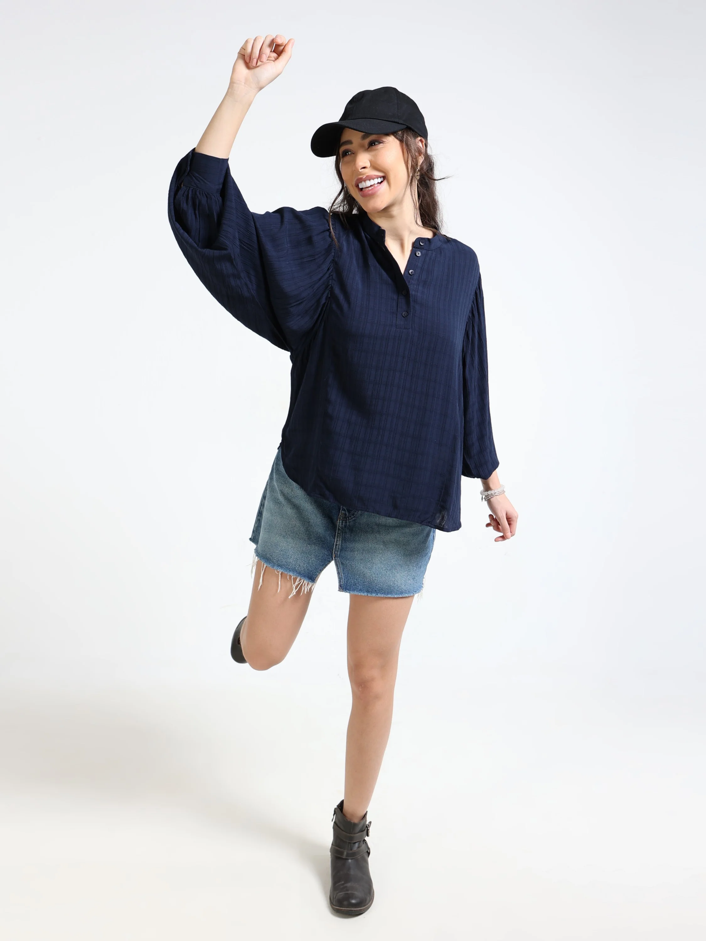 Women Navy Balloon Sleeve Top - Image 6
