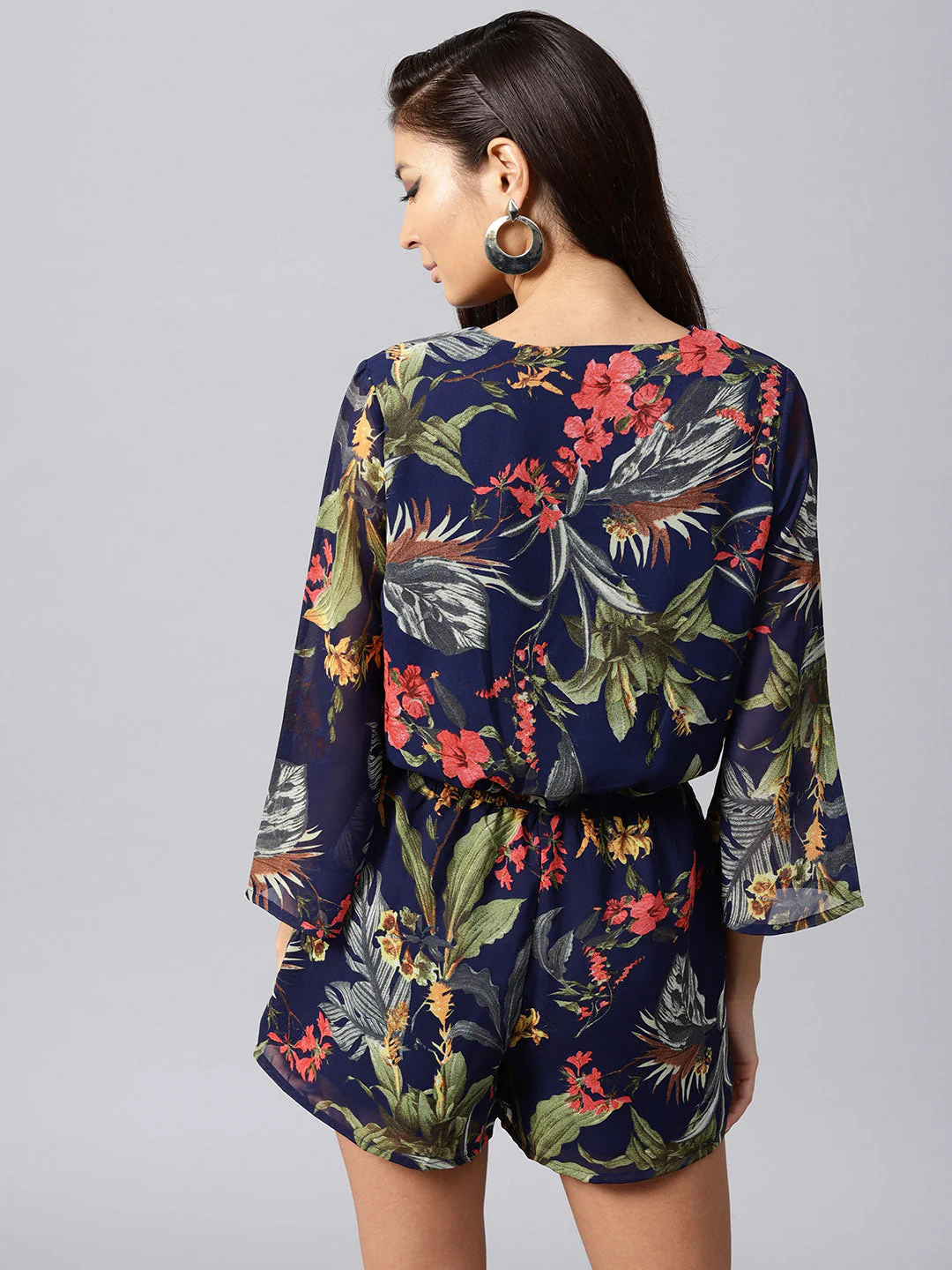 Women Navy Tropical Wrap Romper - Image 2