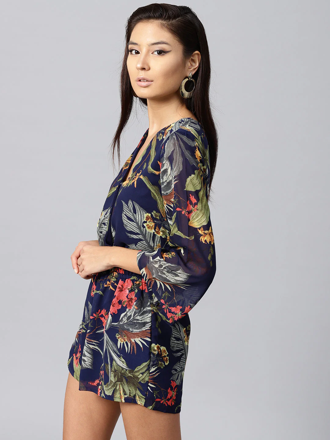 Women Navy Tropical Wrap Romper - Image 3