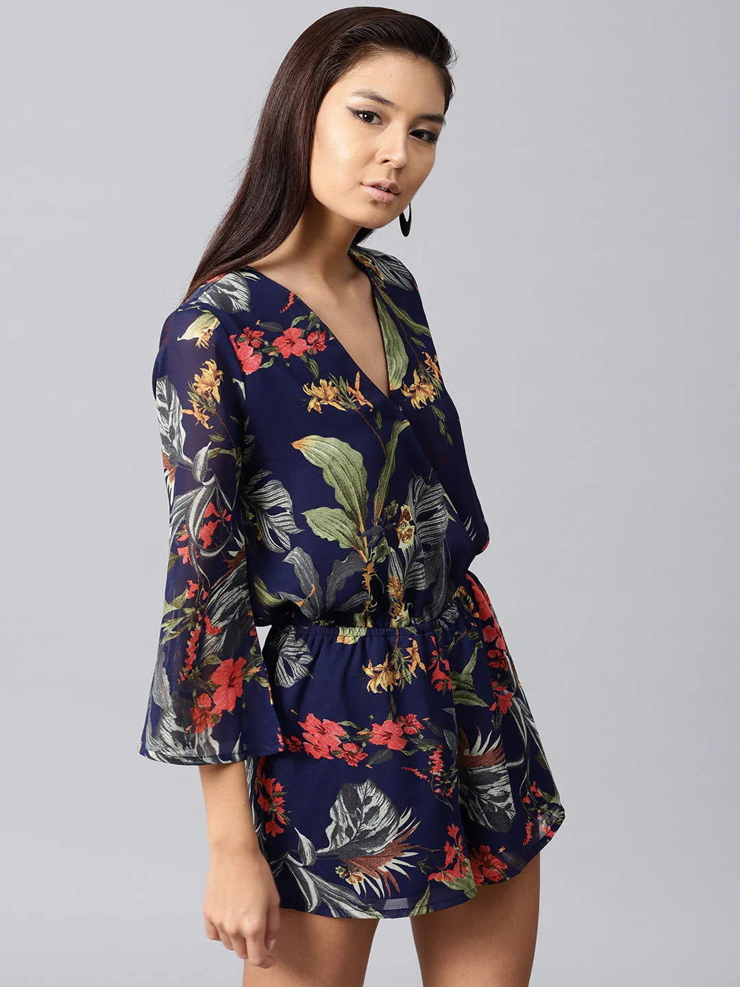 Women Navy Tropical Wrap Romper - Image 4