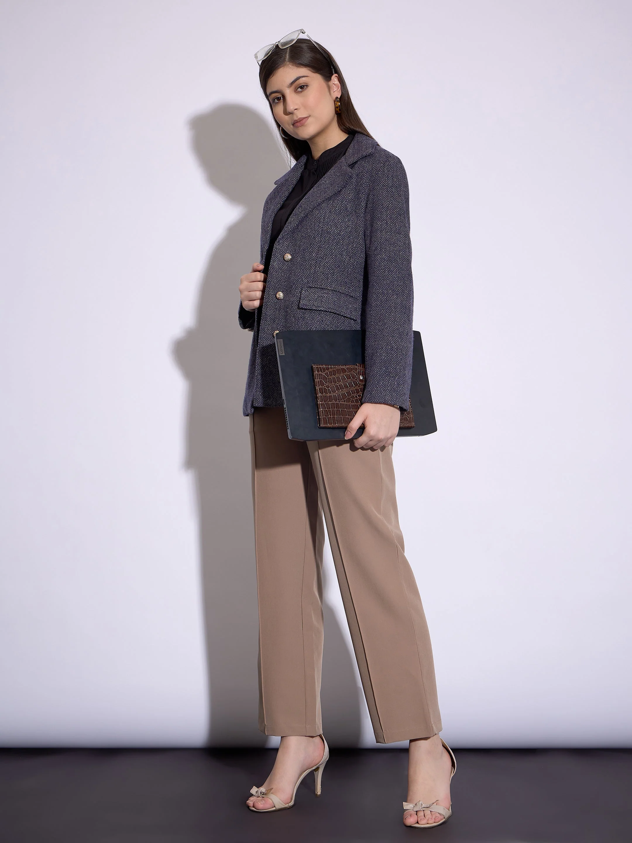 Women Navy Tweed Notch Collar Single-Breasted Blazer - Image 2