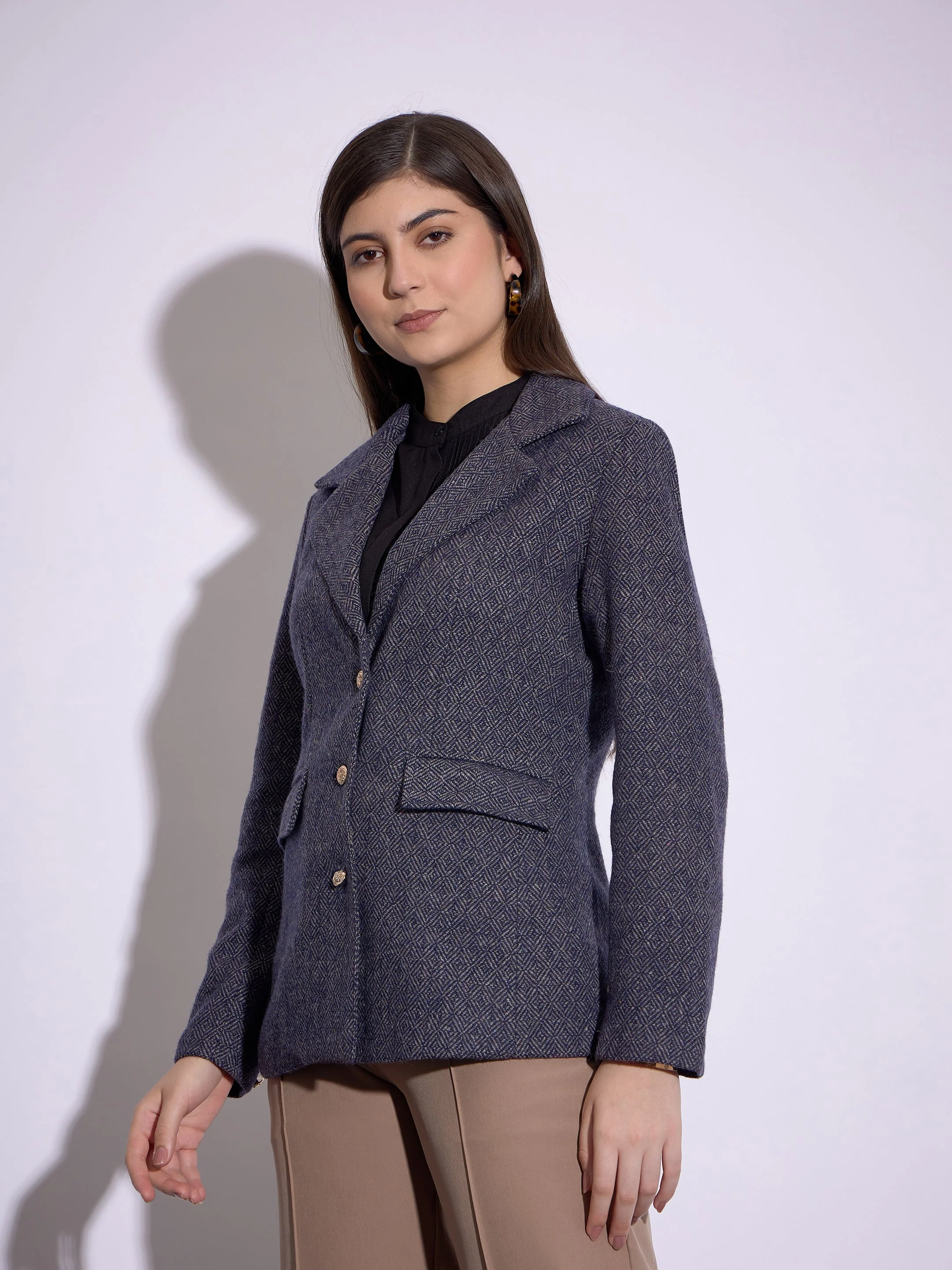 Women Navy Tweed Notch Collar Single-Breasted Blazer - Image 3