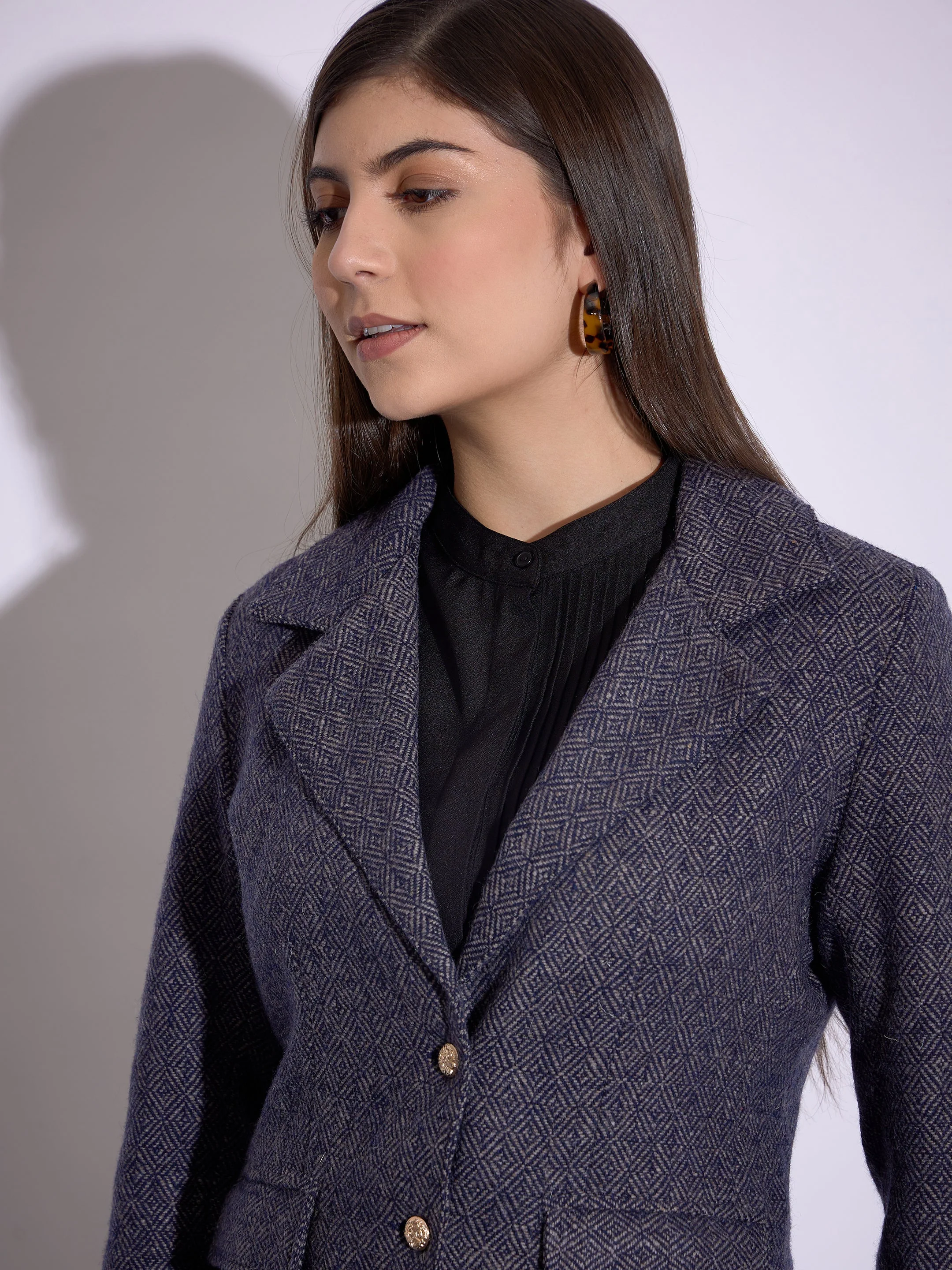 Women Navy Tweed Notch Collar Single-Breasted Blazer - Image 4